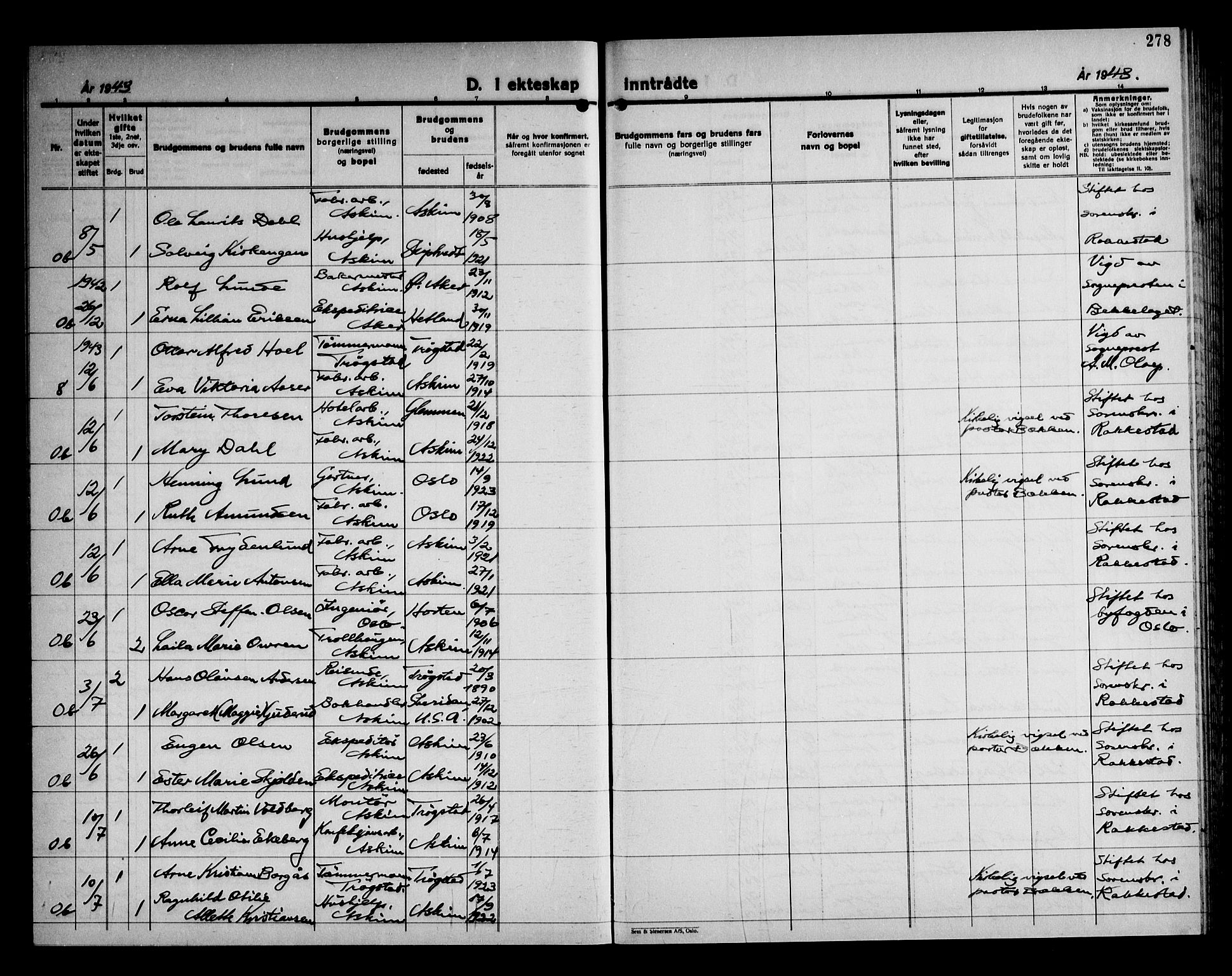 Askim prestekontor Kirkebøker, AV/SAO-A-10900/G/Ga/L0004: Parish register (copy) no. 4, 1938-1947, p. 278