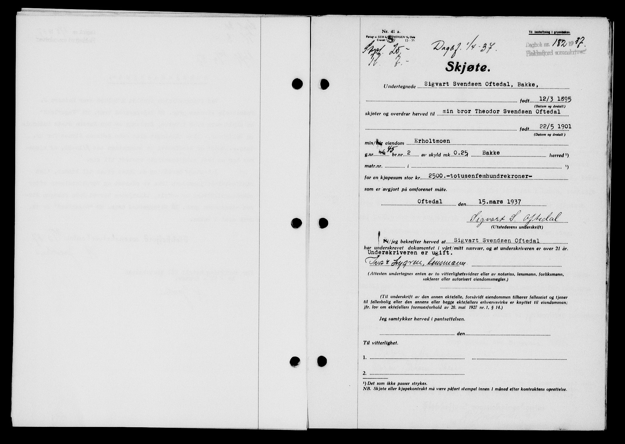 Flekkefjord sorenskriveri, SAK/1221-0001/G/Gb/Gba/L0053: Mortgage book no. A-1, 1936-1937, Diary no: : 182/1937