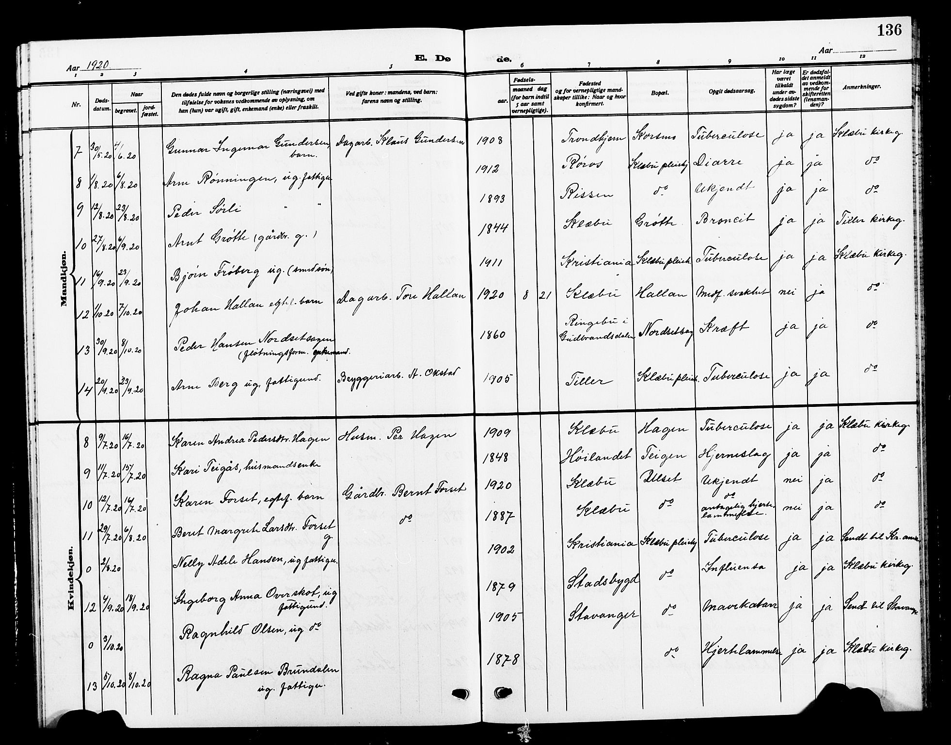 Ministerialprotokoller, klokkerbøker og fødselsregistre - Sør-Trøndelag, SAT/A-1456/618/L0453: Parish register (copy) no. 618C04, 1907-1925, p. 136