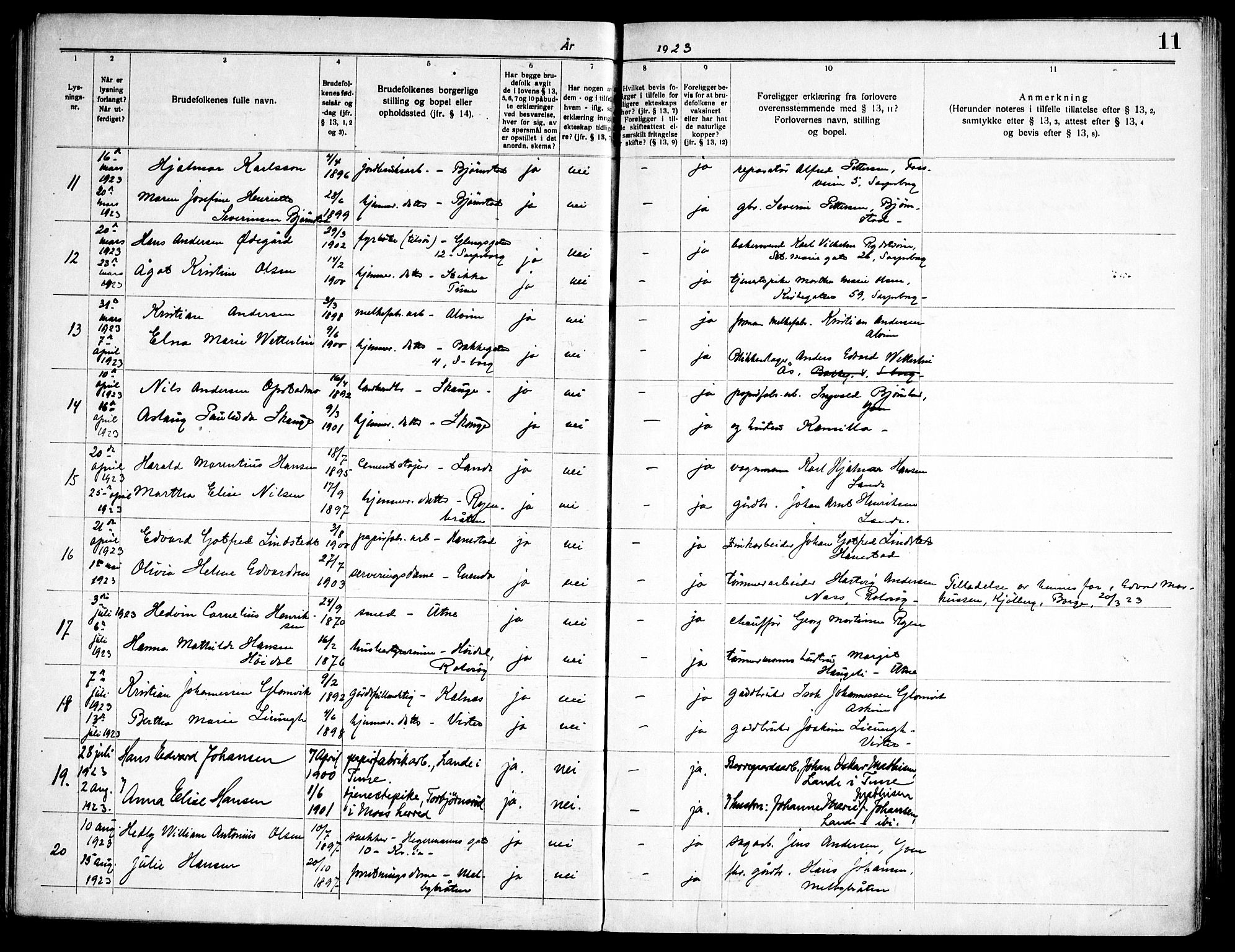 Tune prestekontor Kirkebøker, AV/SAO-A-2007/H/Ha/L0001: Banns register no. I 1, 1919-1946, p. 11
