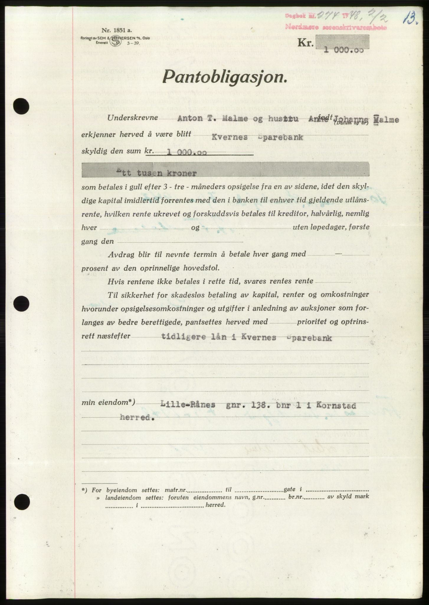 Nordmøre sorenskriveri, AV/SAT-A-4132/1/2/2Ca: Mortgage book no. B98, 1948-1948, Diary no: : 274/1948