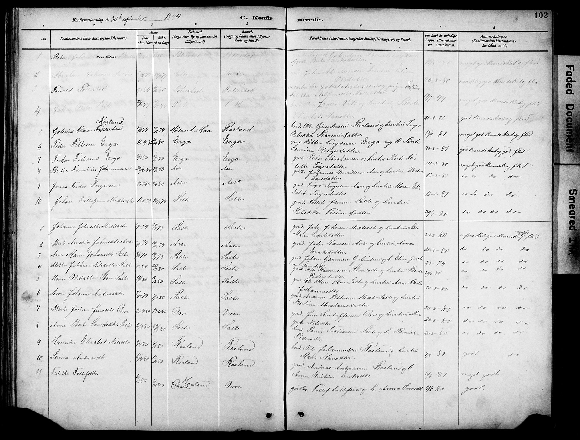 Klepp sokneprestkontor, SAST/A-101803/001/3/30BB/L0005: Parish register (copy) no. B 5, 1889-1918, p. 102