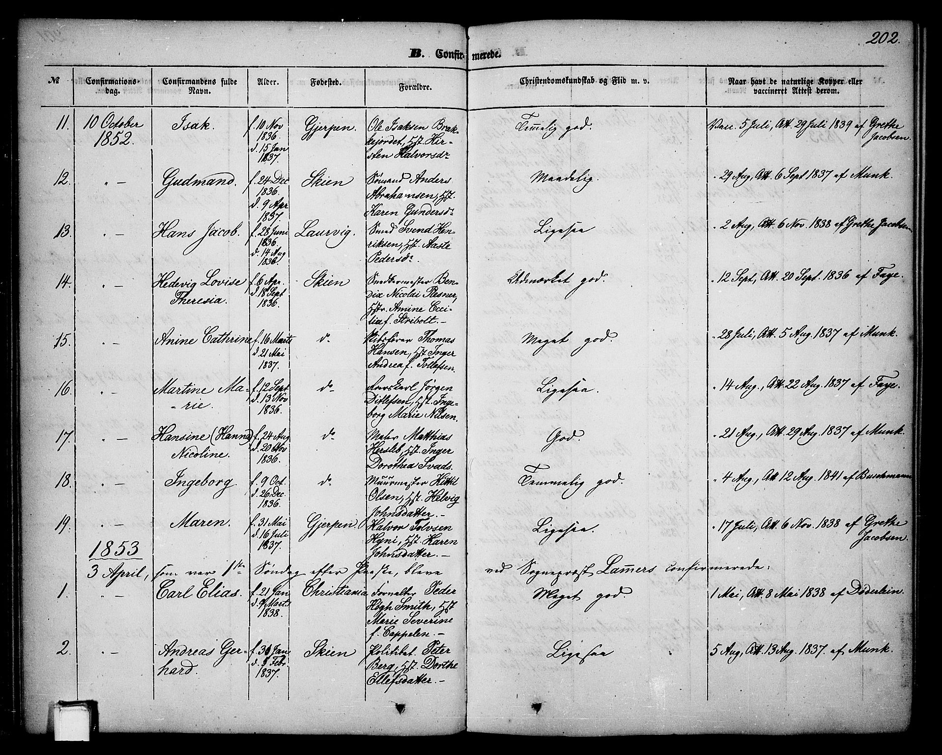 Skien kirkebøker, SAKO/A-302/G/Ga/L0004: Parish register (copy) no. 4, 1843-1867, p. 202