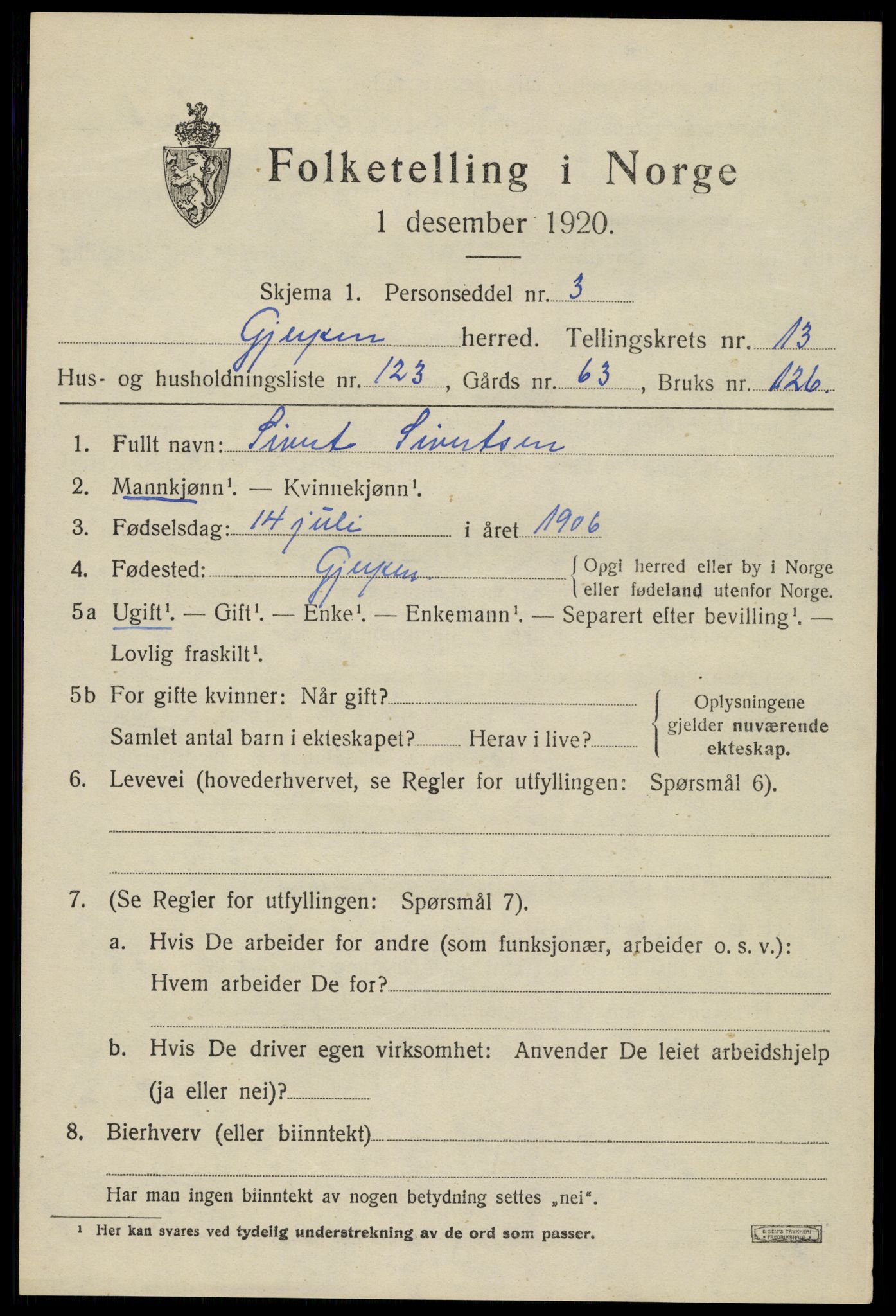 SAKO, 1920 census for Gjerpen, 1920, p. 15524