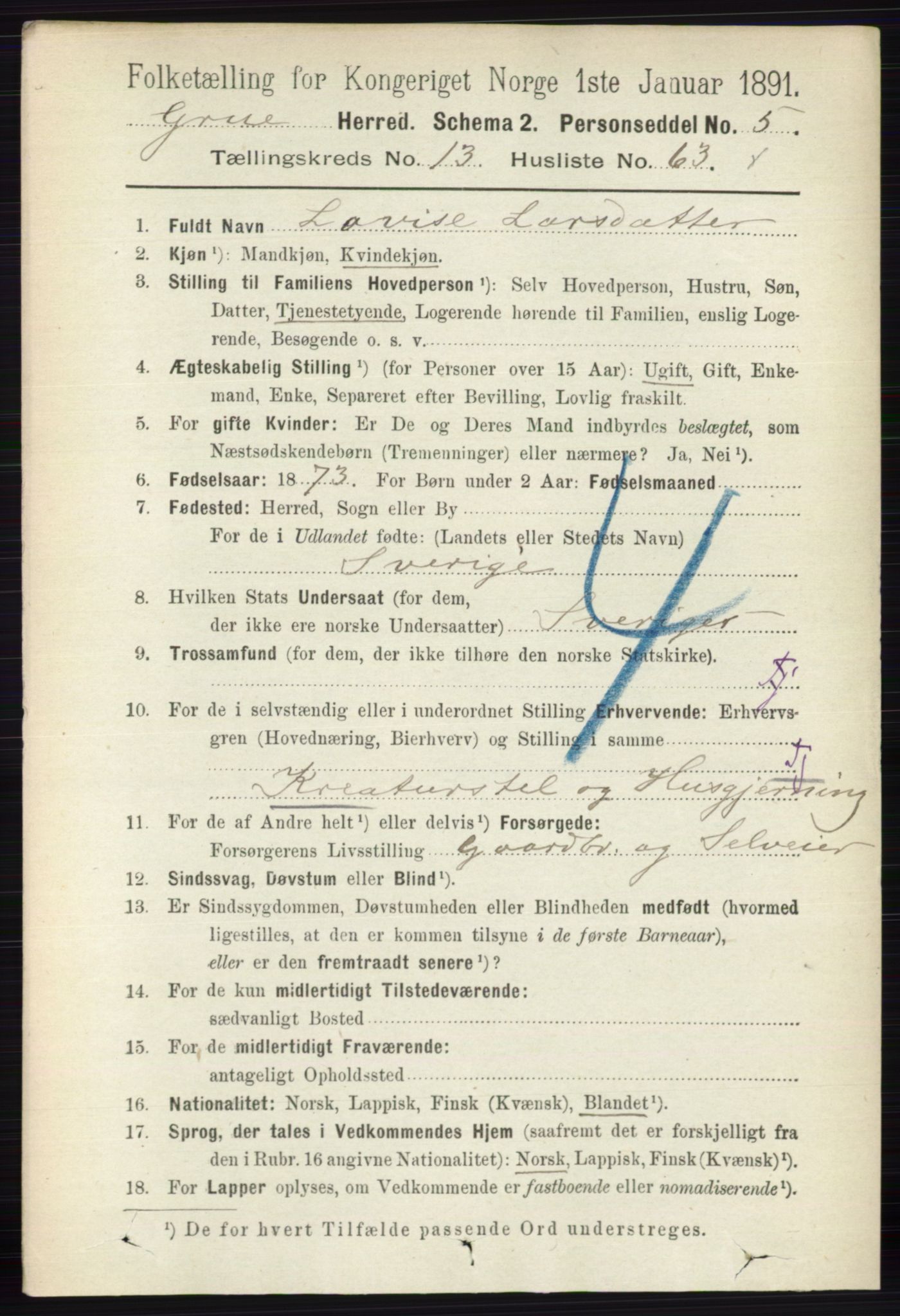 RA, 1891 census for 0423 Grue, 1891, p. 6980