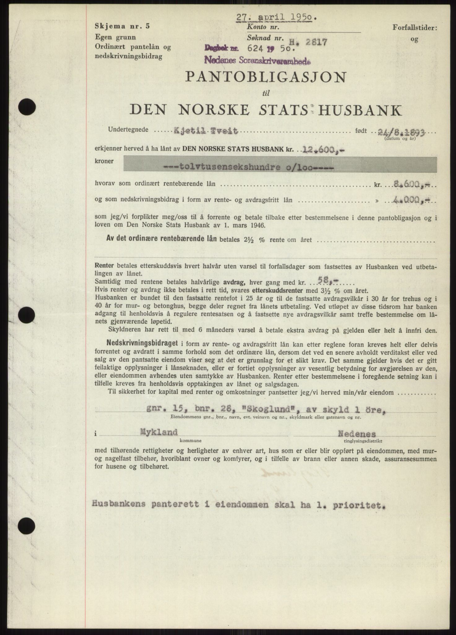 Nedenes sorenskriveri, AV/SAK-1221-0006/G/Gb/Gbb/L0007: Mortgage book no. B7, 1949-1950, Diary no: : 624/1950