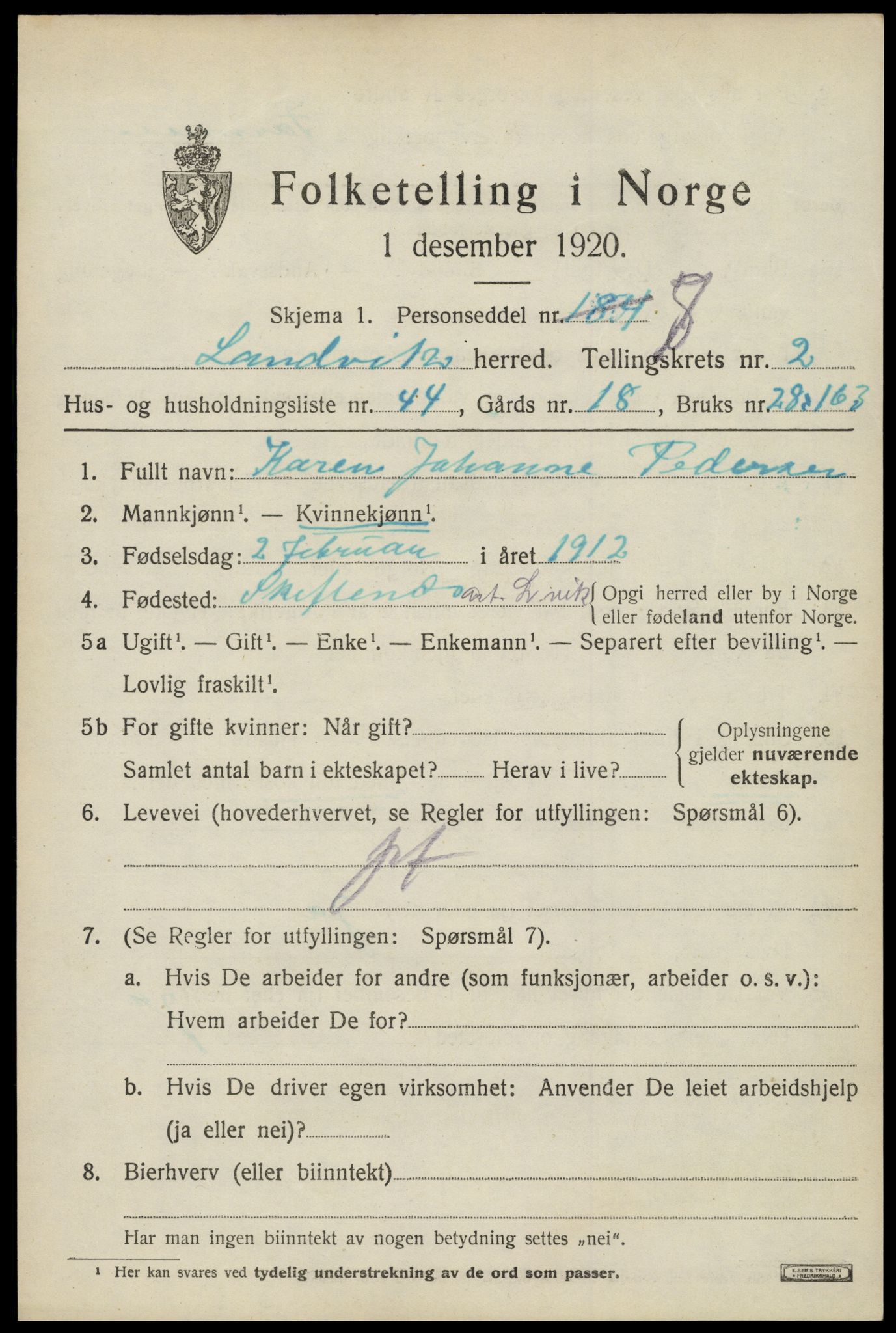 SAK, 1920 census for Landvik, 1920, p. 2134