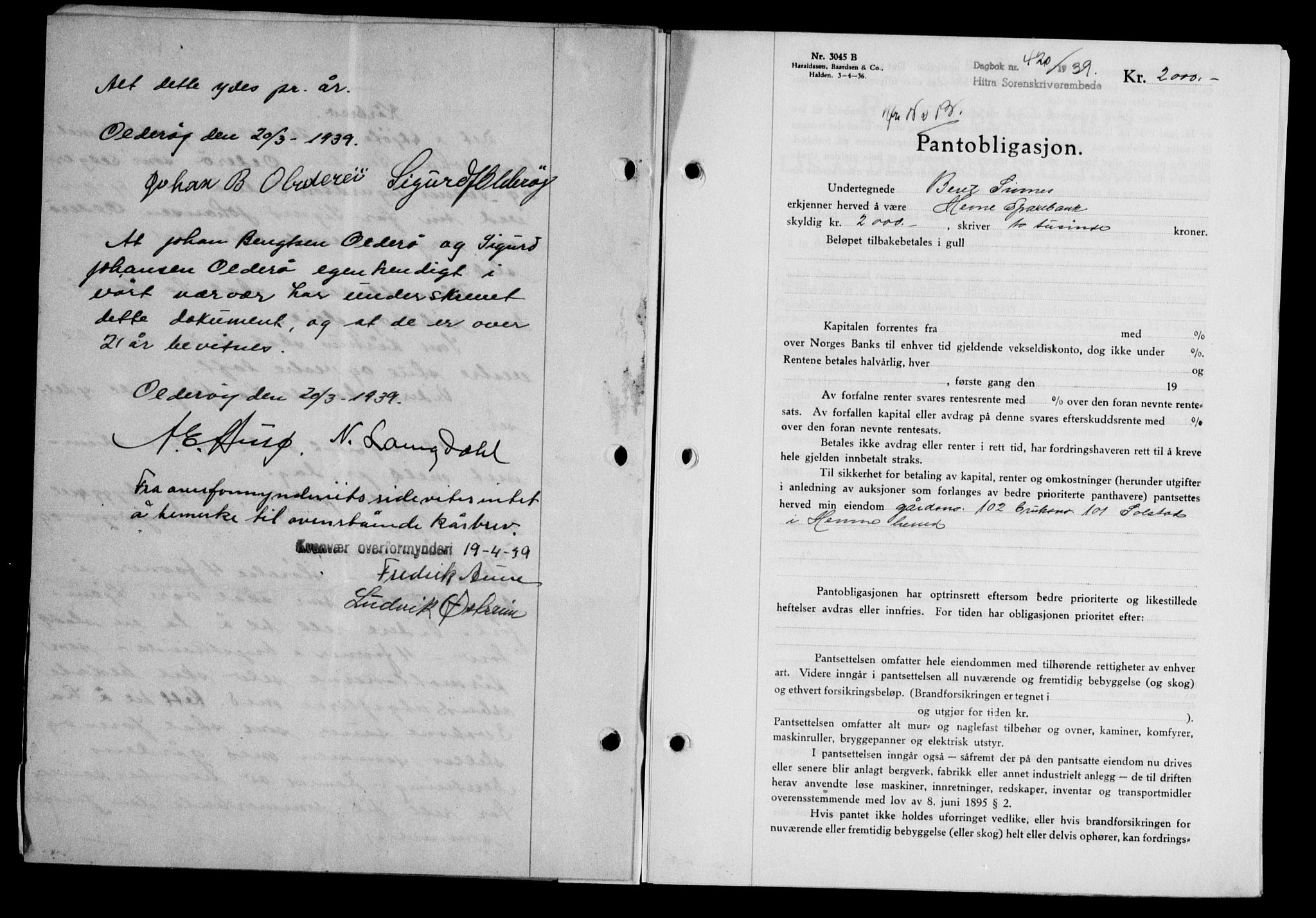 Hitra sorenskriveri, AV/SAT-A-0018/2/2C/2Ca/L0028: Mortgage book no. B-1, 1936-1939, Diary no: : 420/1939