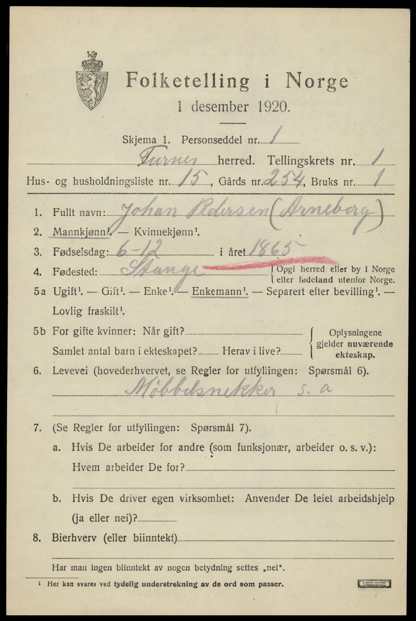 SAH, 1920 census for Furnes, 1920, p. 1809