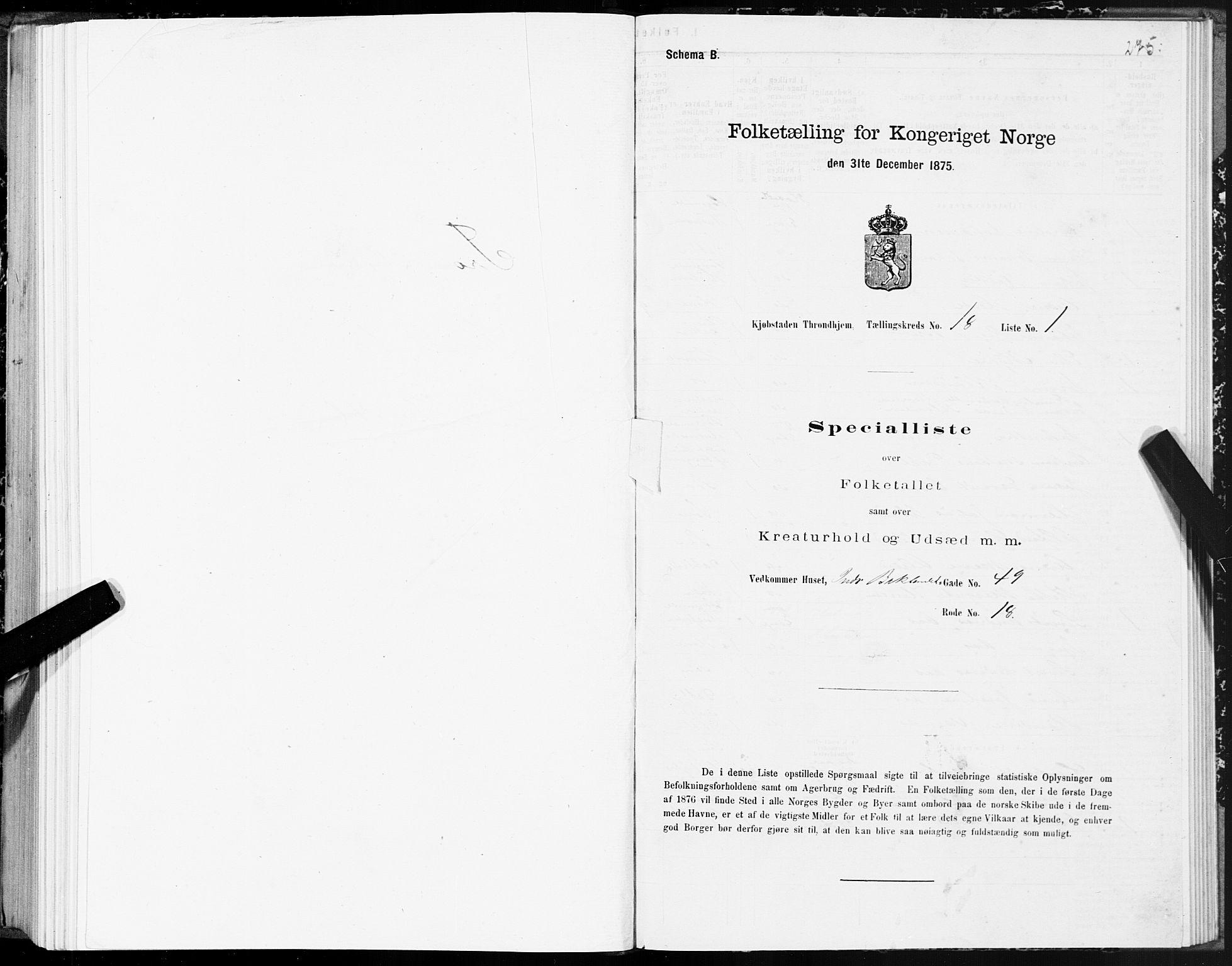 SAT, 1875 census for 1601 Trondheim, 1875, p. 9275