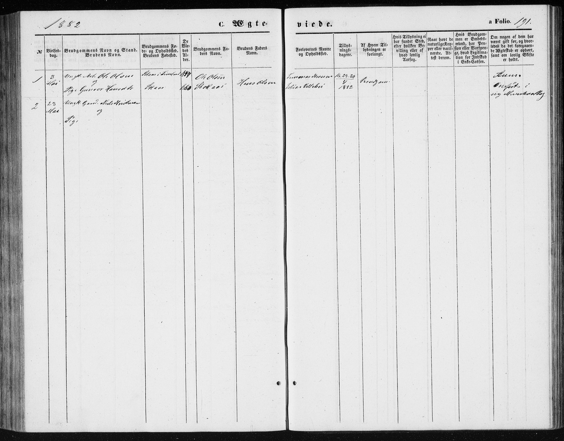 Holum sokneprestkontor, AV/SAK-1111-0022/F/Fb/Fbc/L0002: Parish register (copy) no. B 2, 1860-1882, p. 191