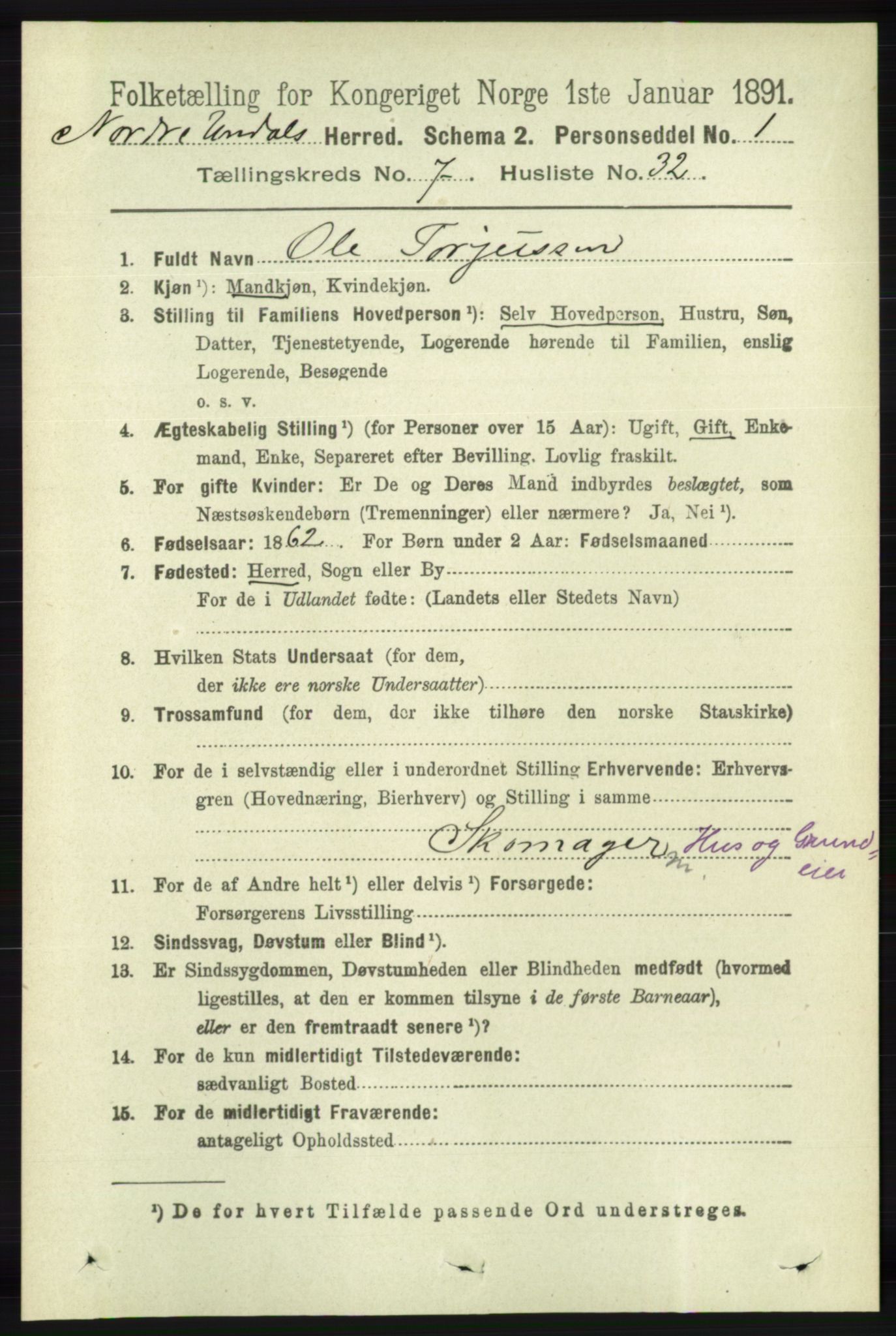 RA, 1891 census for 1028 Nord-Audnedal, 1891, p. 1979