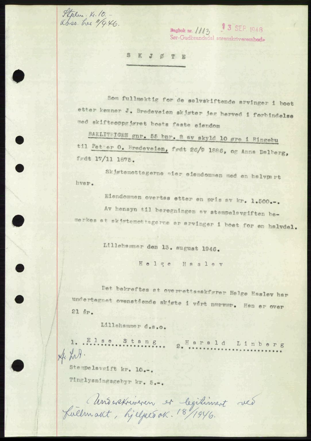 Sør-Gudbrandsdal tingrett, SAH/TING-004/H/Hb/Hbd/L0016: Mortgage book no. A16, 1946-1946, Diary no: : 1113/1946
