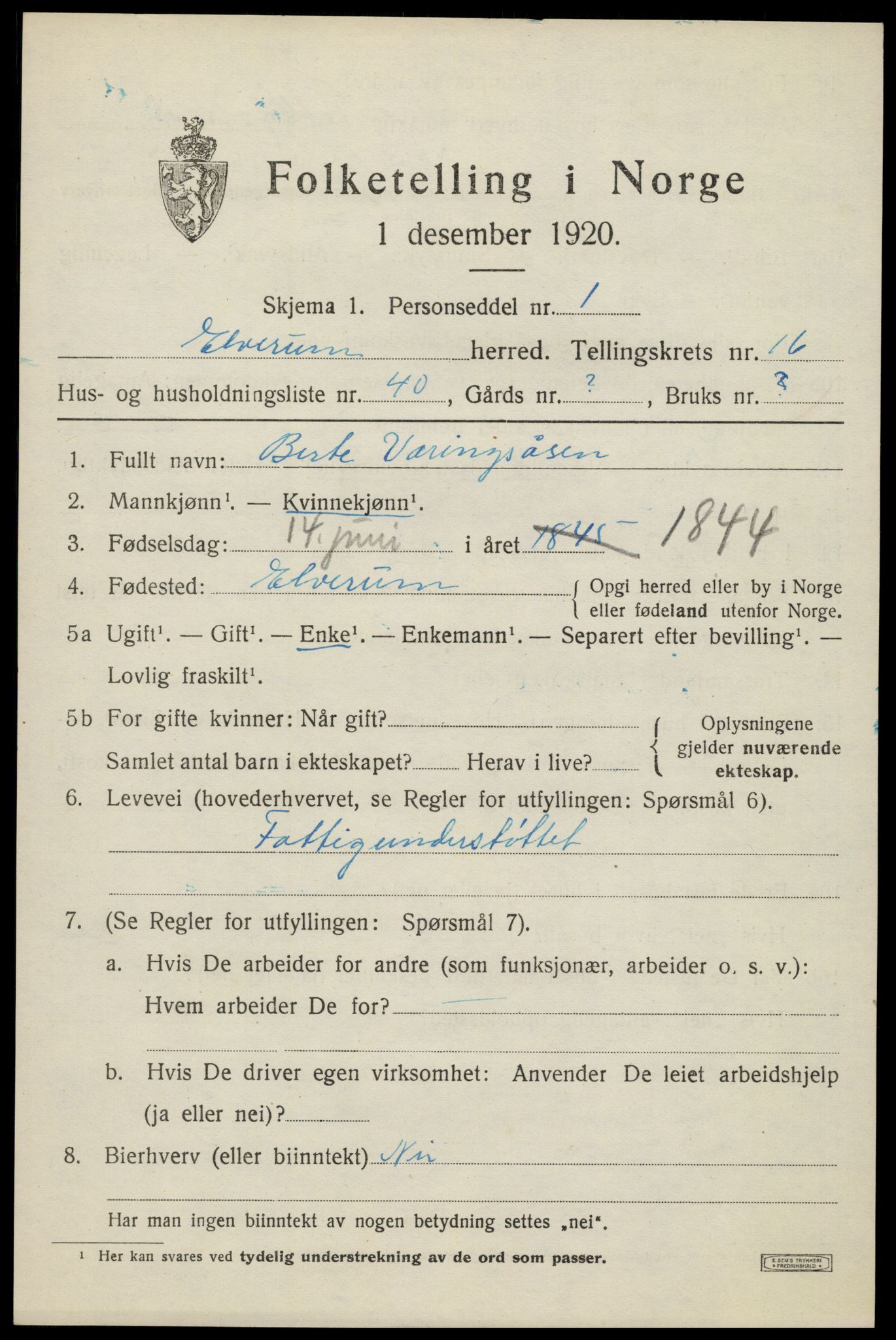 SAH, 1920 census for Elverum, 1920, p. 21222