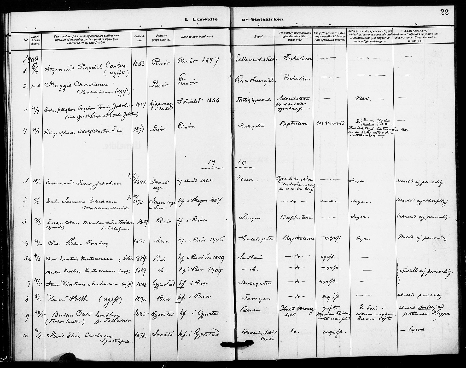 Risør sokneprestkontor, AV/SAK-1111-0035/F/Fa/L0007: Parish register (official) no. A 7, 1908-1921, p. 22