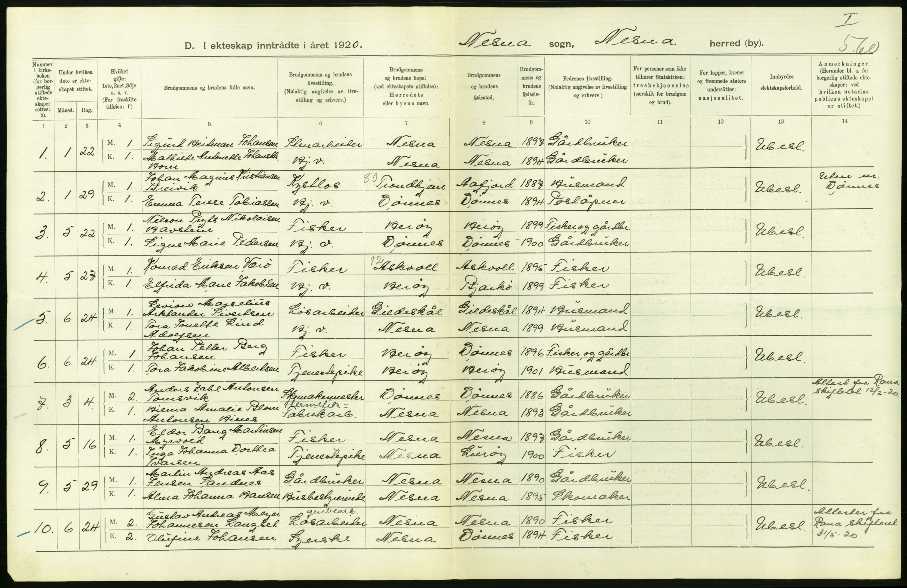 Statistisk sentralbyrå, Sosiodemografiske emner, Befolkning, RA/S-2228/D/Df/Dfb/Dfbj/L0057: Nordland fylke: Gifte, dødfødte. Bygder og byer., 1920, p. 104