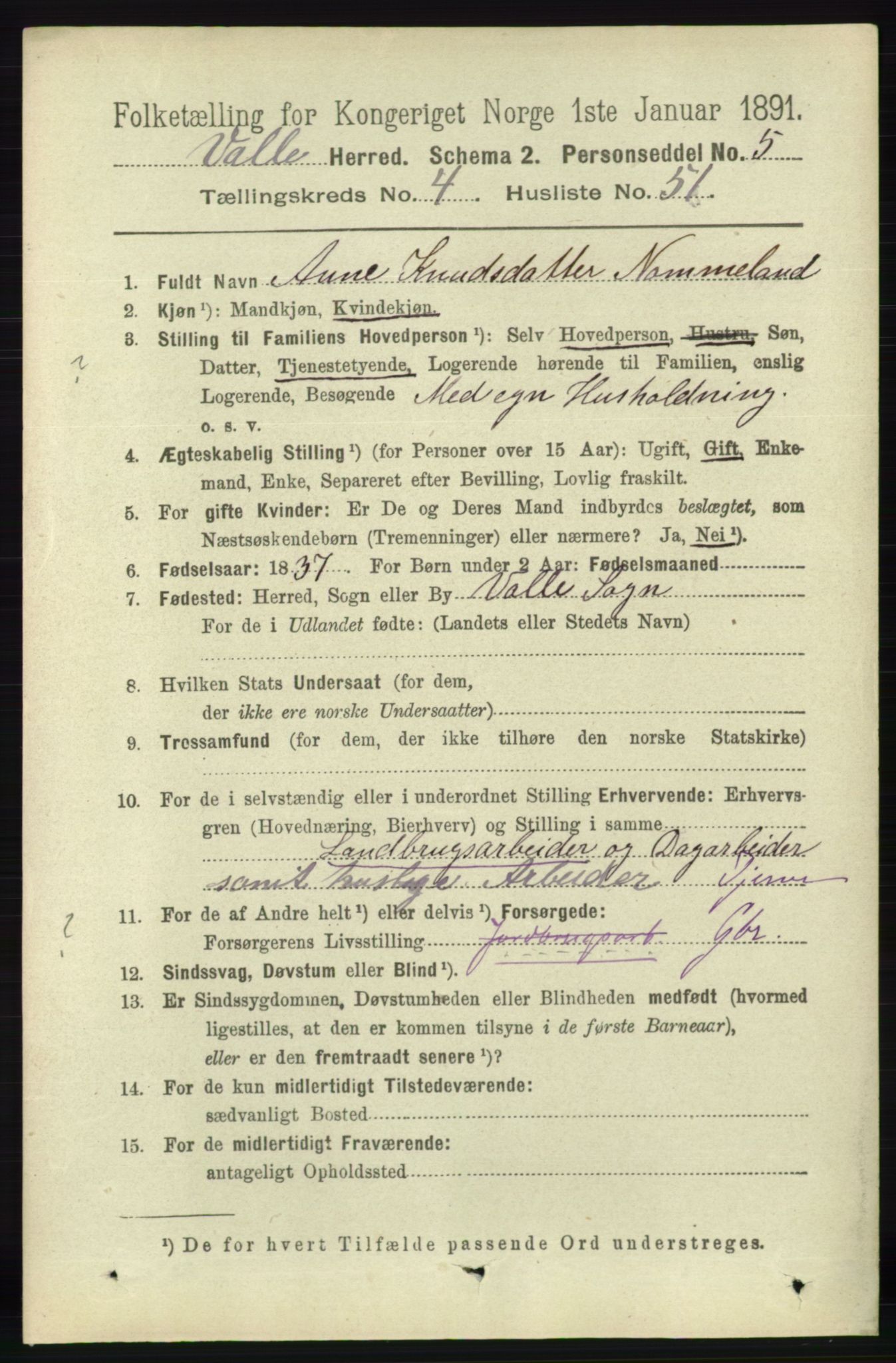 RA, 1891 census for 0940 Valle, 1891, p. 1279