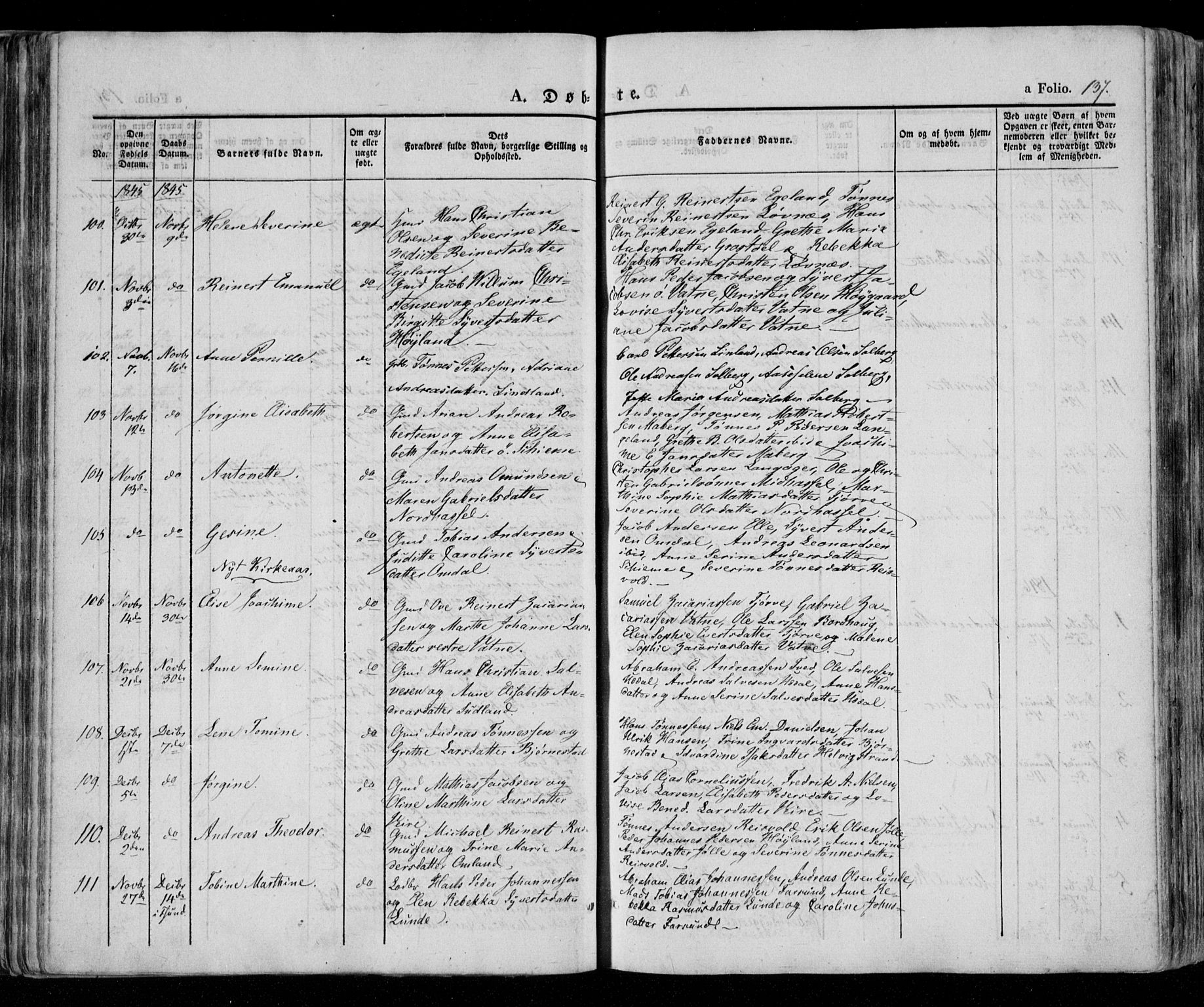 Lista sokneprestkontor, AV/SAK-1111-0027/F/Fa/L0009: Parish register (official) no. A 9, 1835-1846, p. 137