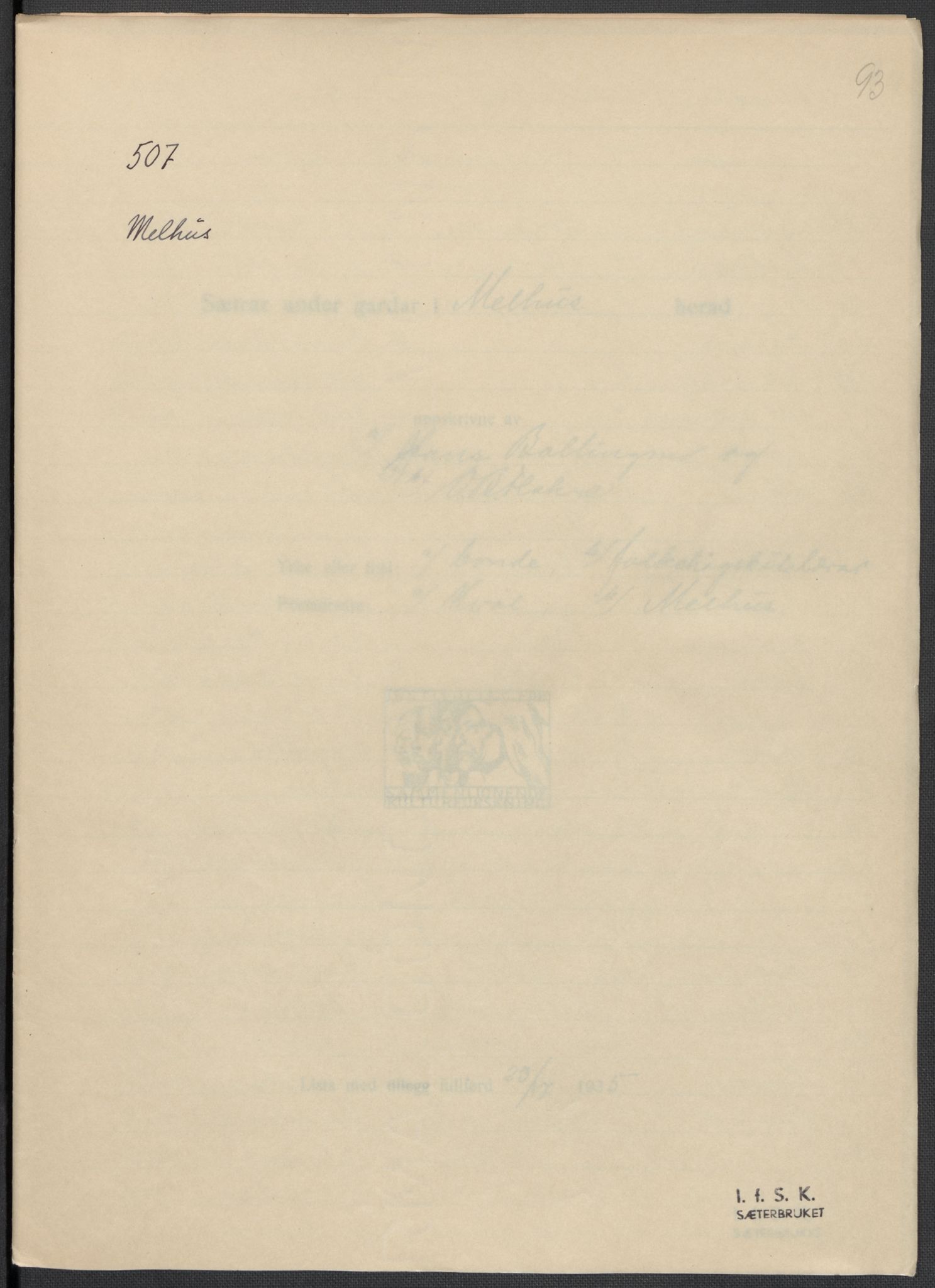 Instituttet for sammenlignende kulturforskning, AV/RA-PA-0424/F/Fc/L0014/0002: Eske B14: / Sør-Trøndelag (perm XL), 1933-1935, p. 93