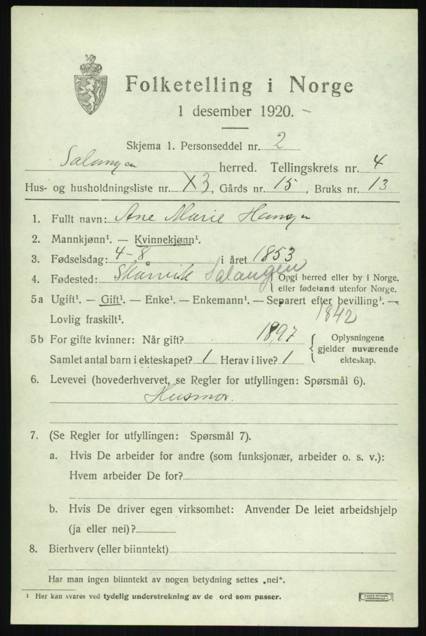 SATØ, 1920 census for Salangen, 1920, p. 2304