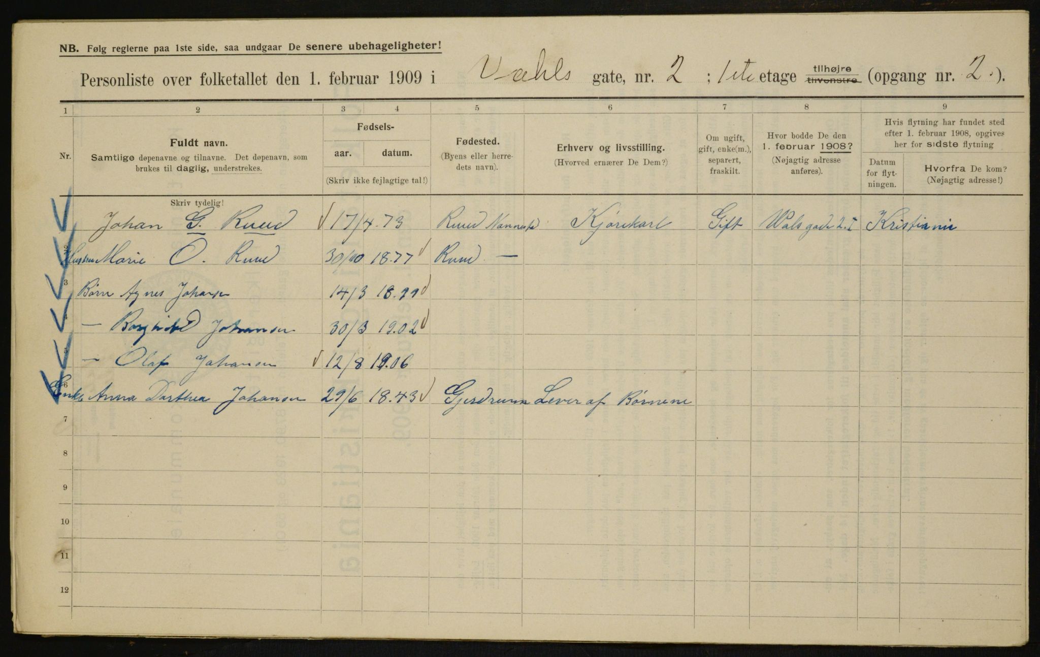 OBA, Municipal Census 1909 for Kristiania, 1909, p. 110215