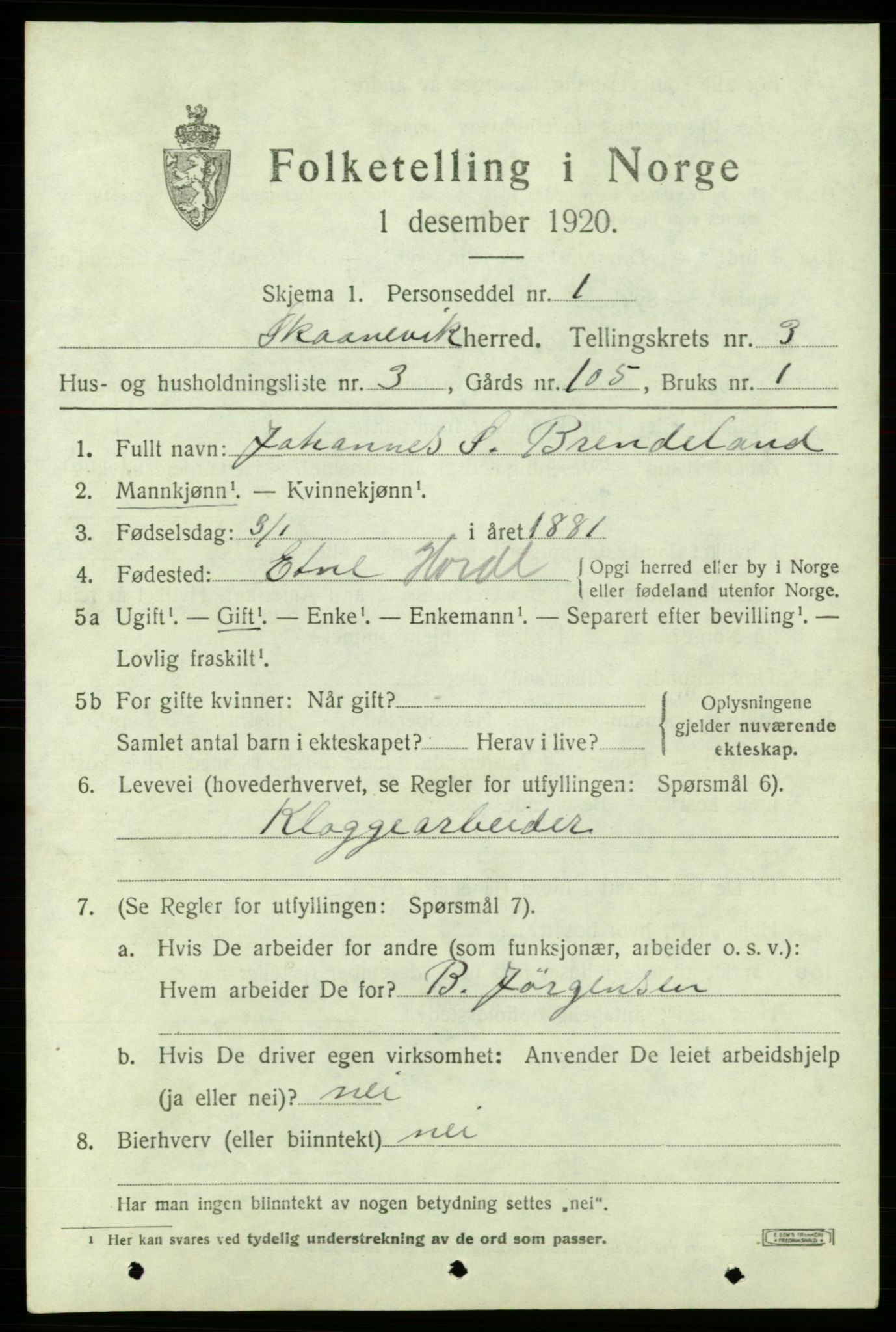 SAB, 1920 census for Skånevik, 1920, p. 2801