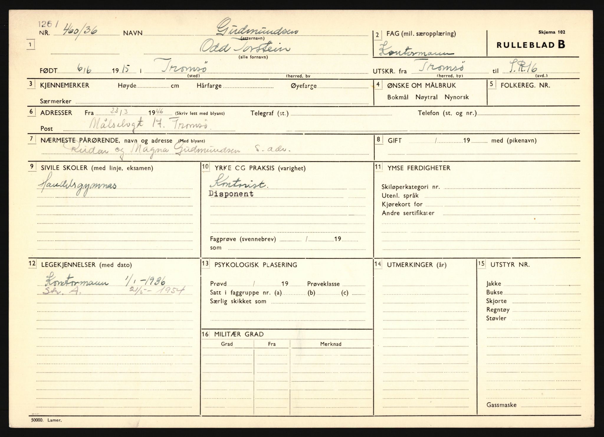 Forsvaret, Troms infanteriregiment nr. 16, AV/RA-RAFA-3146/P/Pa/L0020: Rulleblad for regimentets menige mannskaper, årsklasse 1936, 1936, p. 281