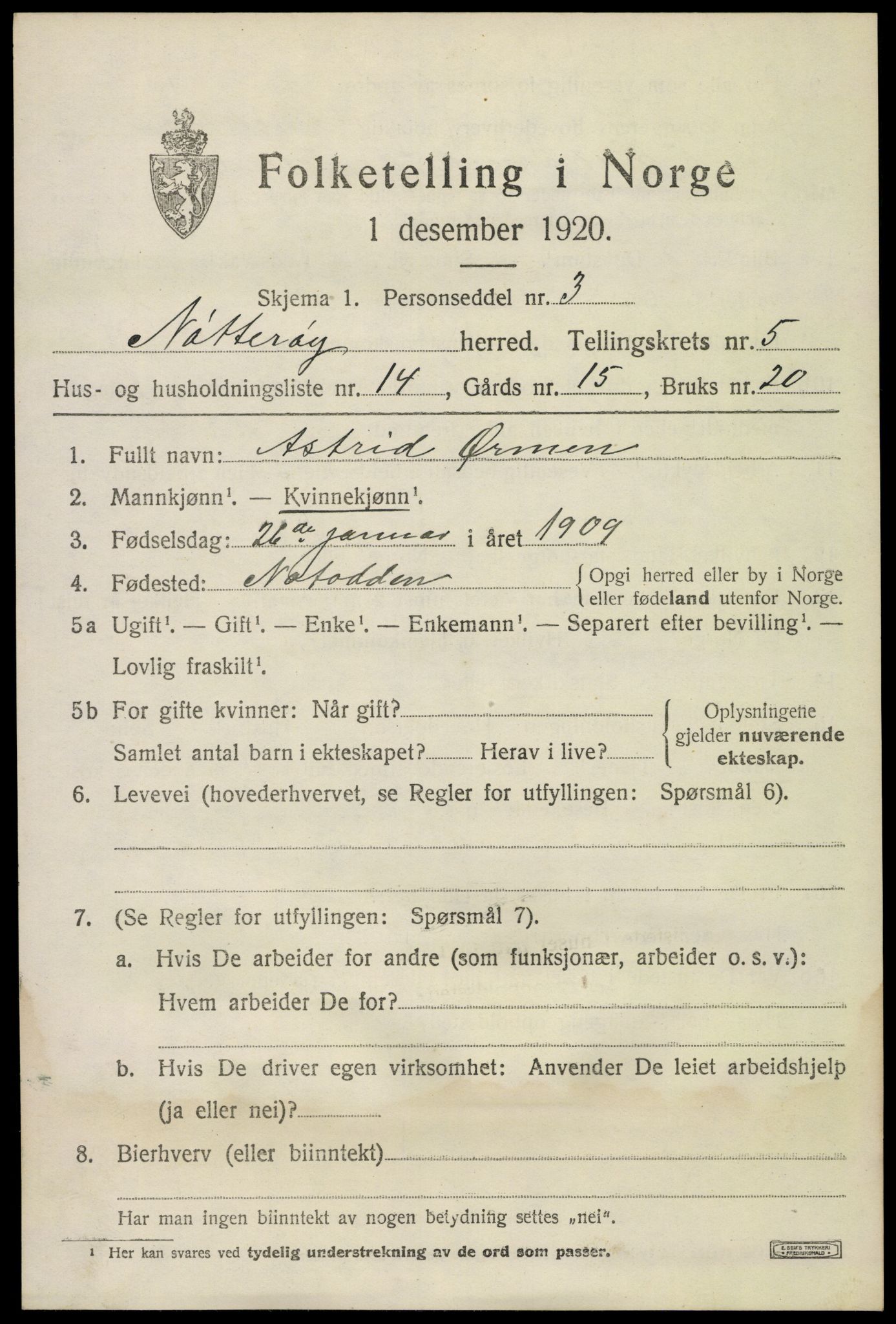 SAKO, 1920 census for Nøtterøy, 1920, p. 7709