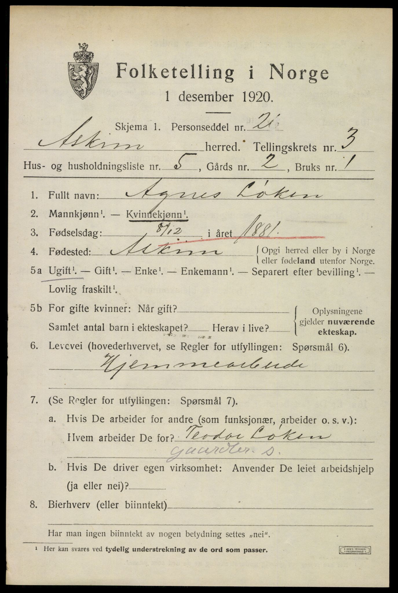 SAO, 1920 census for Askim, 1920, p. 6789