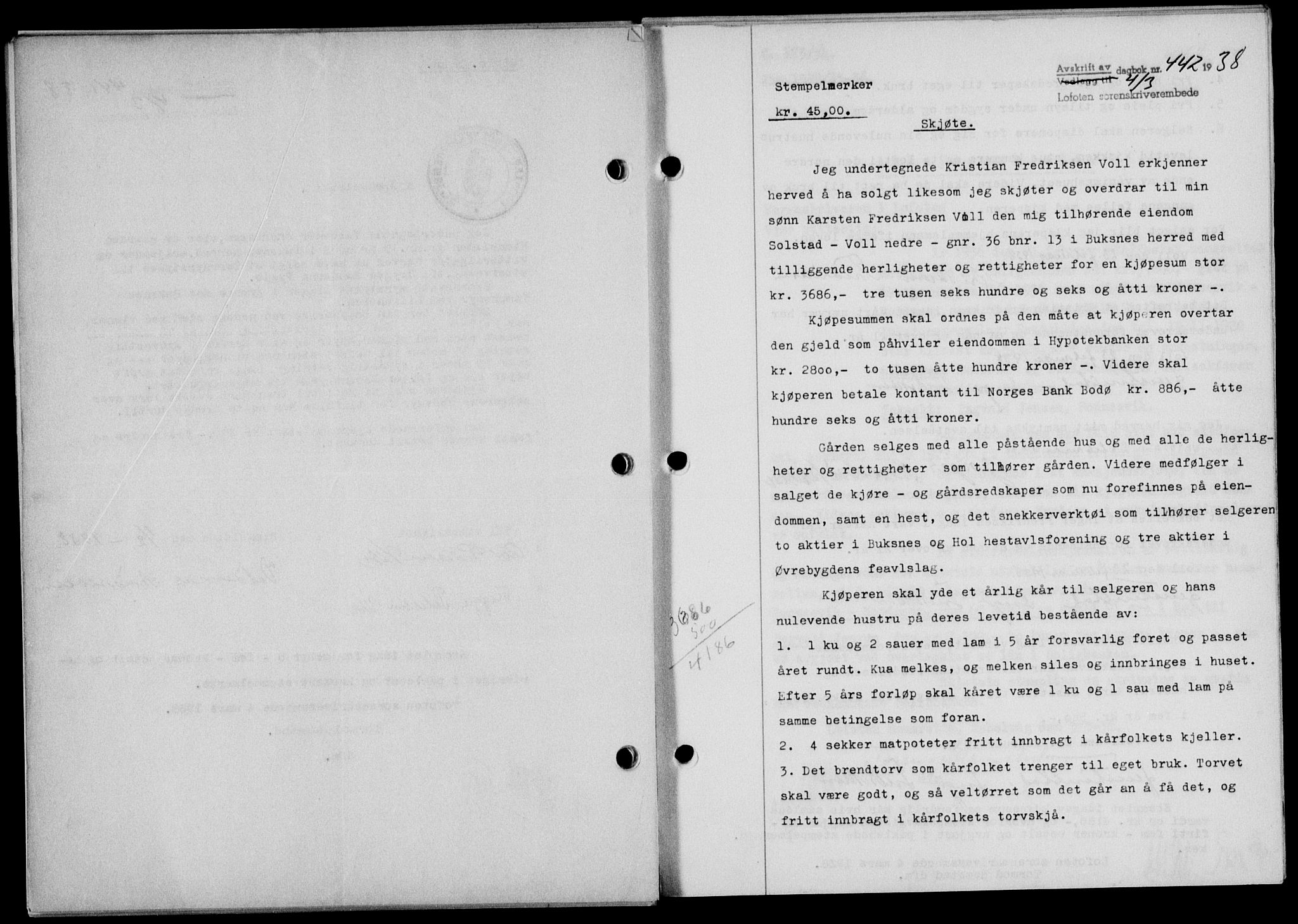Lofoten sorenskriveri, SAT/A-0017/1/2/2C/L0003a: Mortgage book no. 3a, 1937-1938, Diary no: : 442/1938