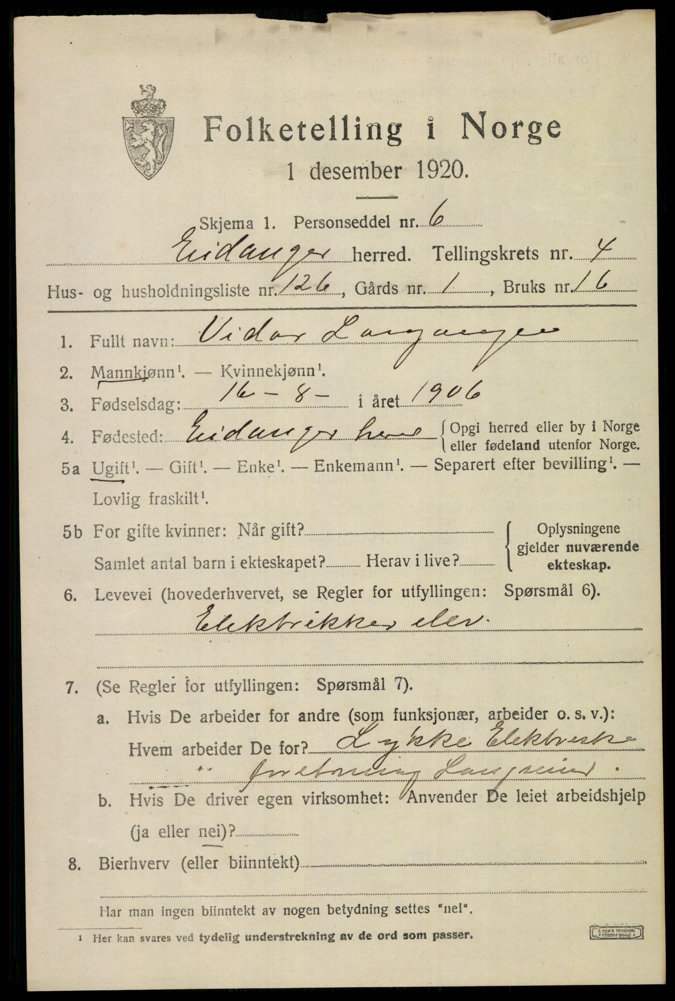 SAKO, 1920 census for Eidanger, 1920, p. 5004