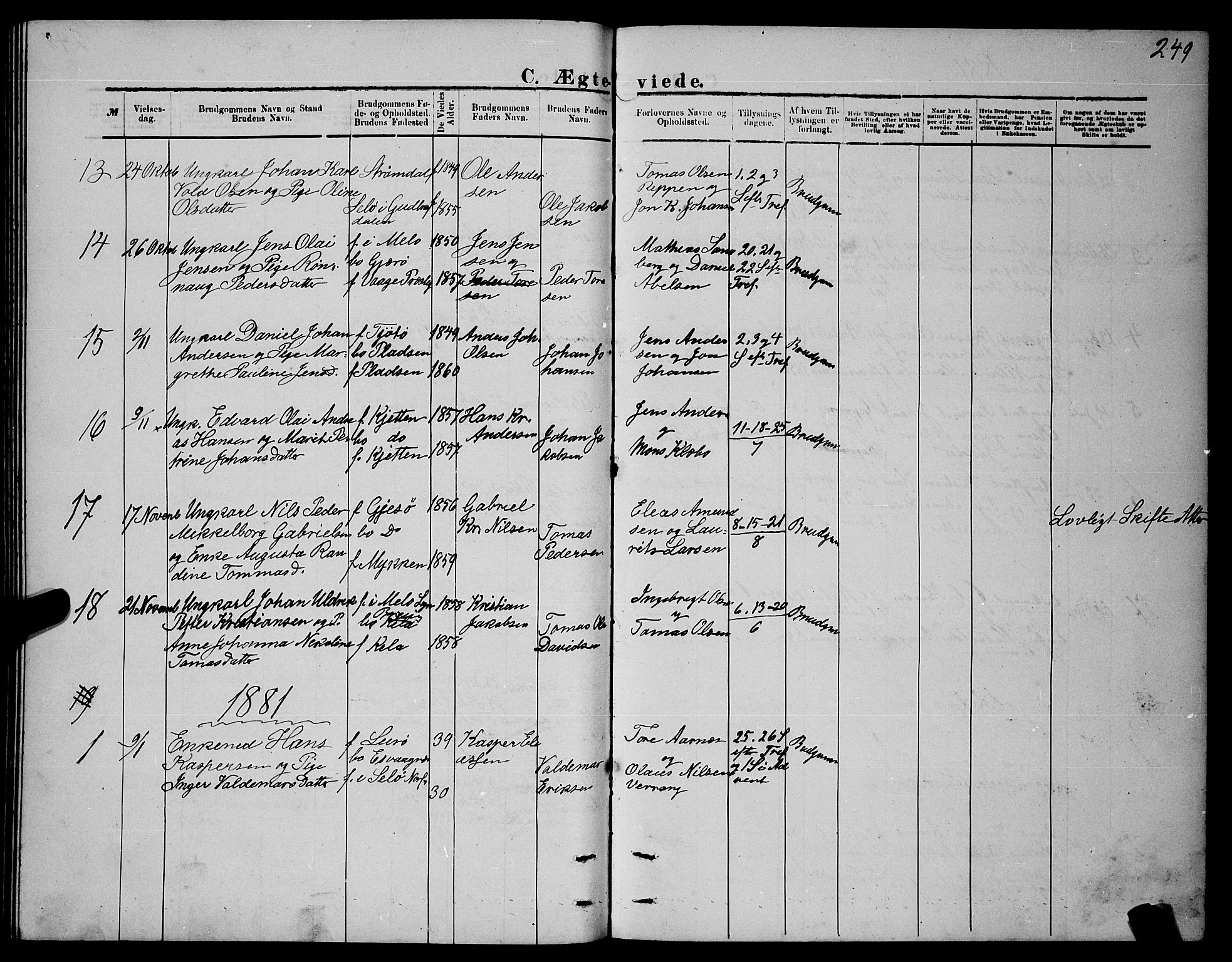 Ministerialprotokoller, klokkerbøker og fødselsregistre - Nordland, AV/SAT-A-1459/841/L0620: Parish register (copy) no. 841C04, 1877-1896, p. 249