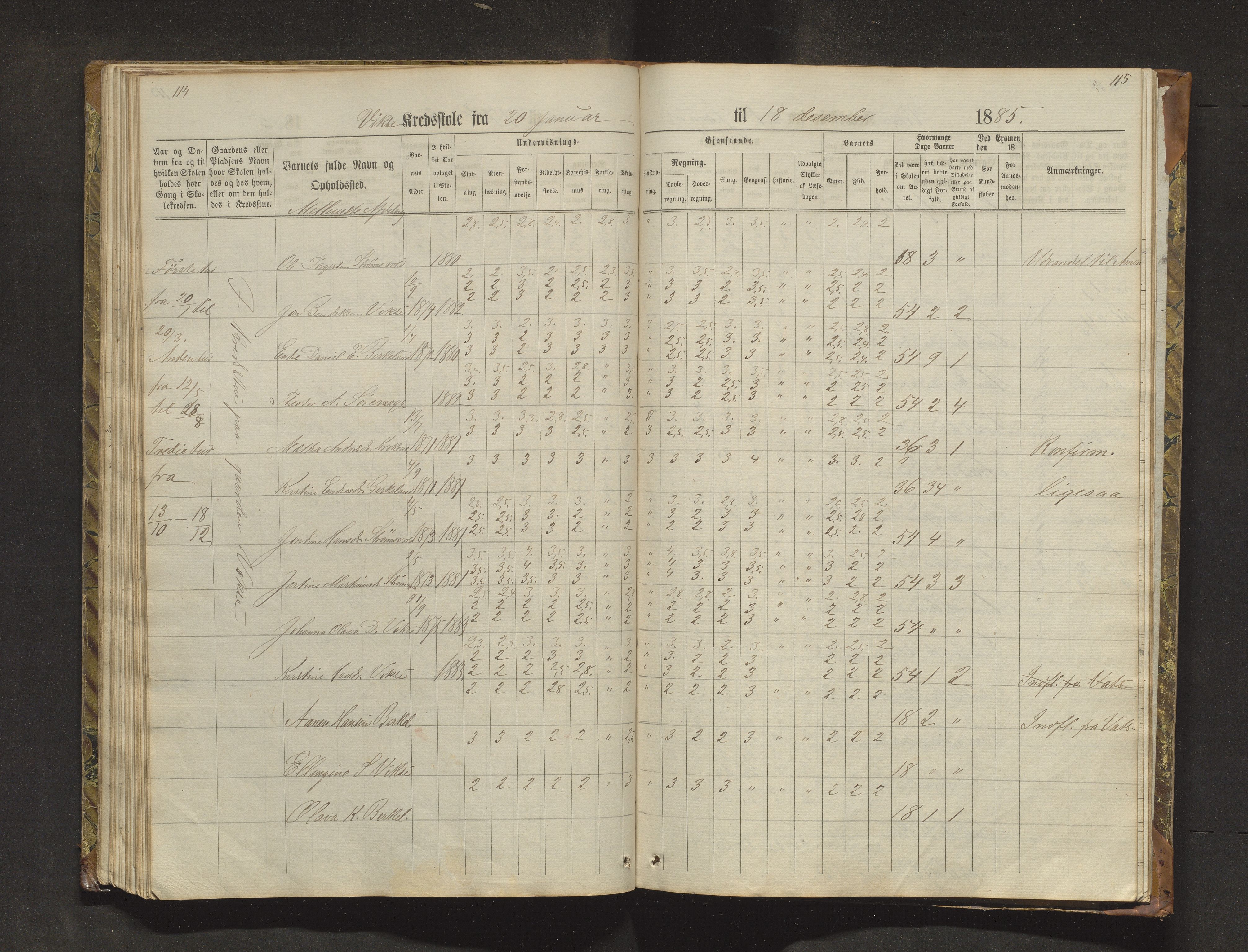 Sveio kommune. Barneskulane, IKAH/1216-231/F/Fa/L0018: Skuleprotokoll for Nordre Våge, Eilerås, Våge og Vikse krinsskular, 1870-1889, p. 114-115