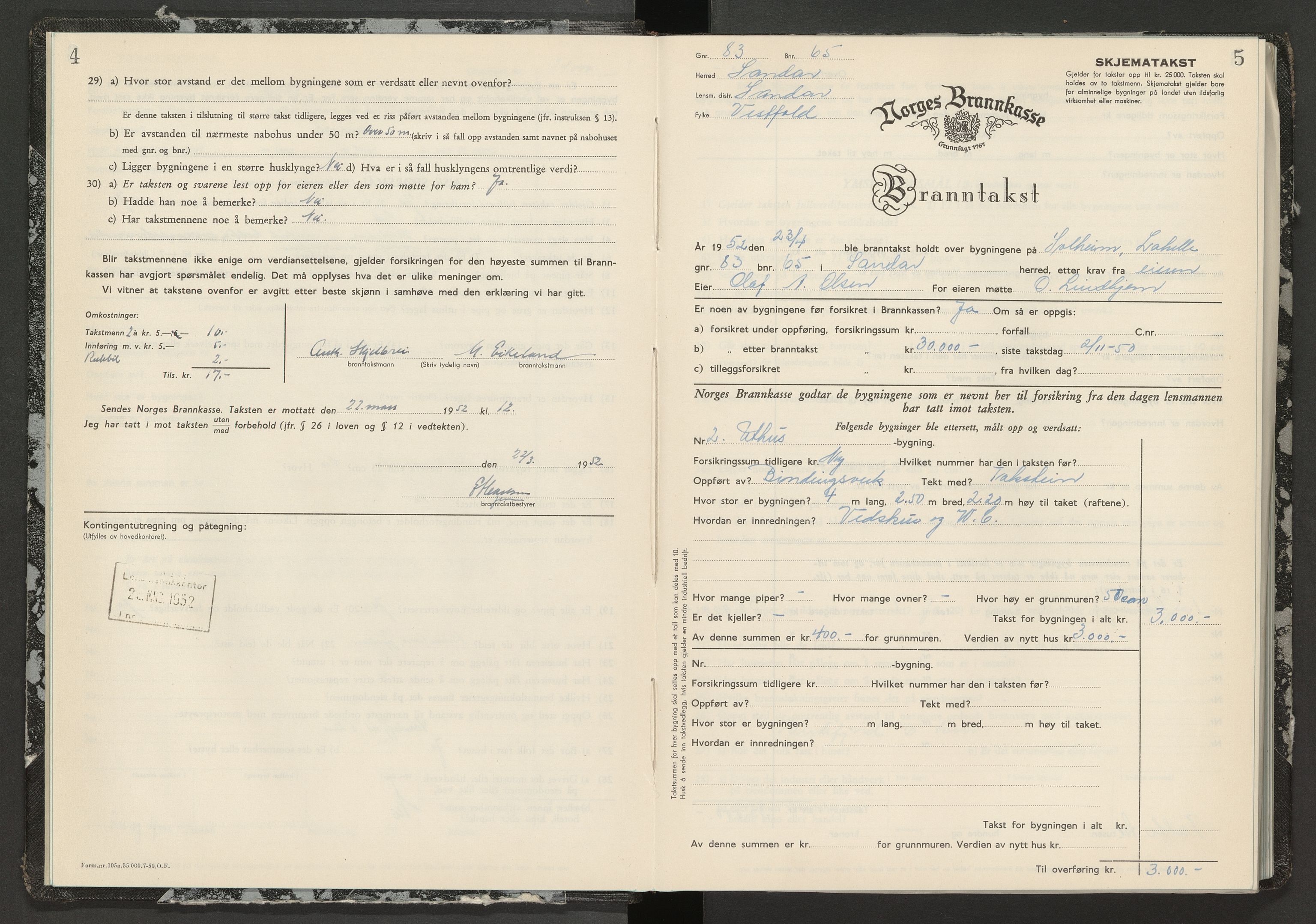 Sandar lensmannskontor, AV/SAKO-A-545/Y/Yc/Ycb/L0009: Skjematakstprotokoll, 1952-1955