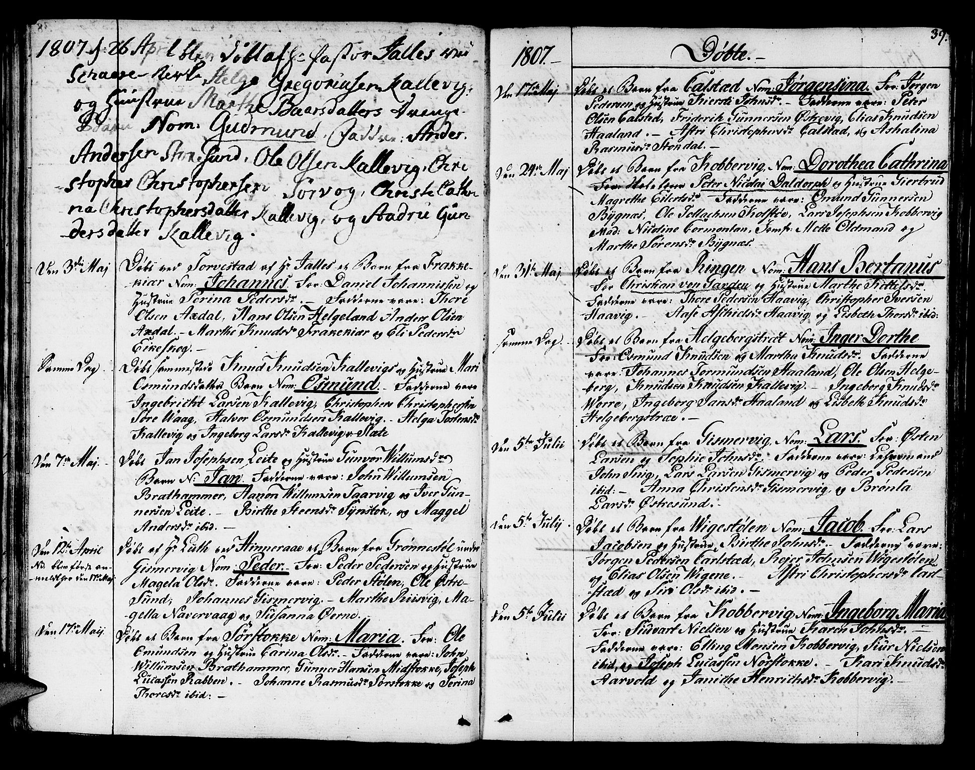 Avaldsnes sokneprestkontor, AV/SAST-A -101851/H/Ha/Haa/L0003: Parish register (official) no. A 3, 1801-1817, p. 39