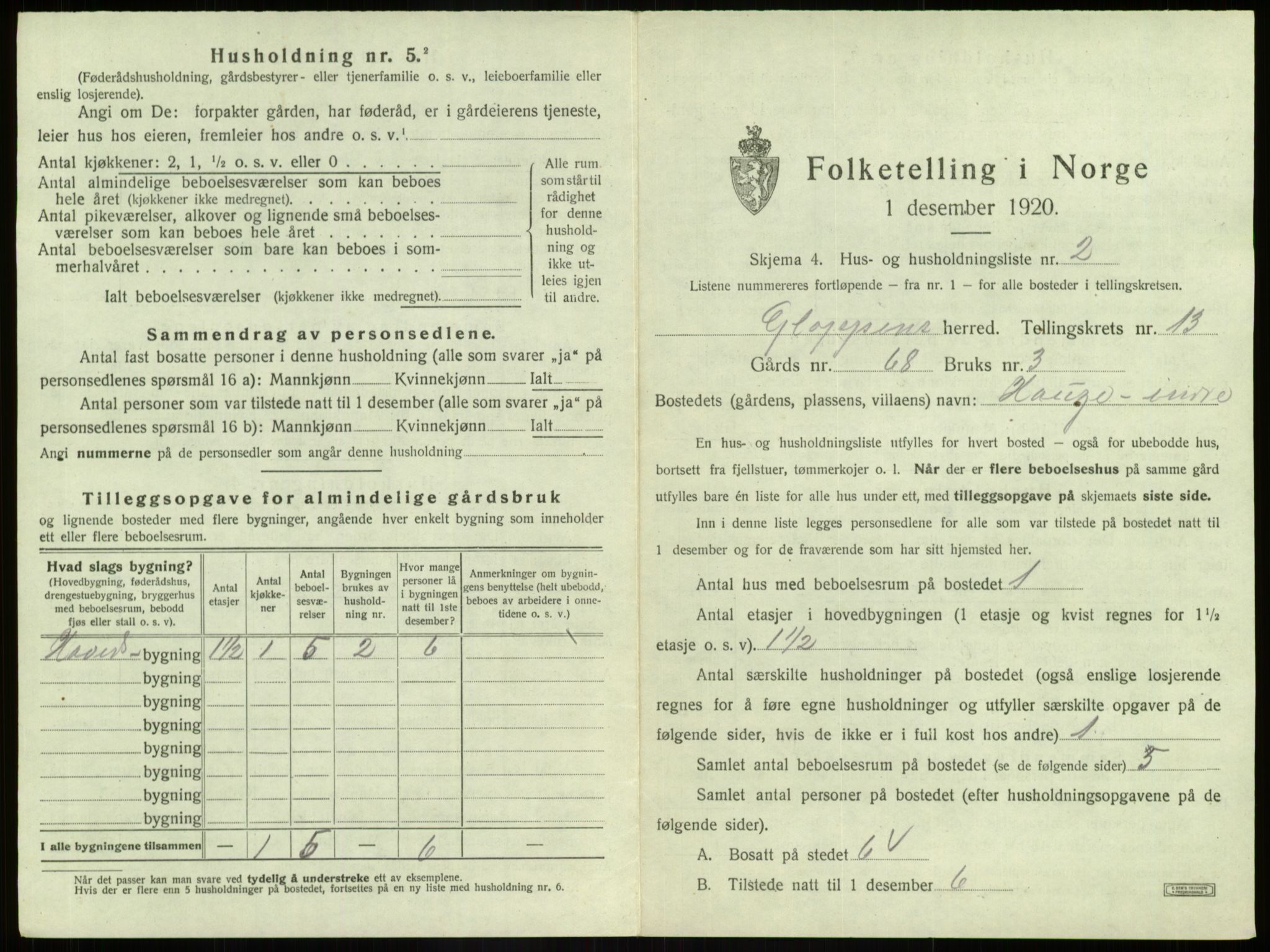 SAB, 1920 census for Gloppen, 1920, p. 835