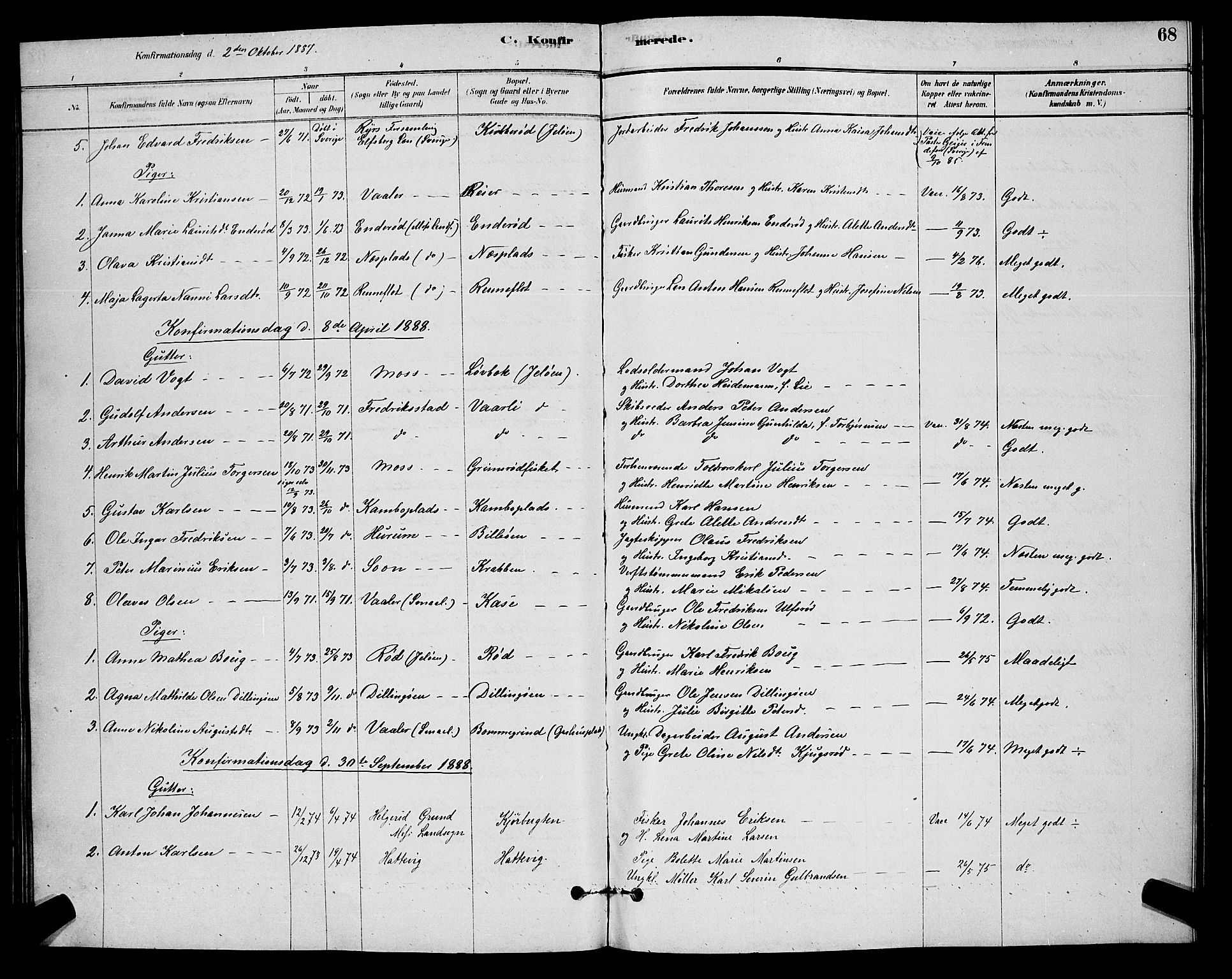 Moss prestekontor Kirkebøker, AV/SAO-A-2003/G/Gb/L0001: Parish register (copy) no. II 1, 1878-1900, p. 68