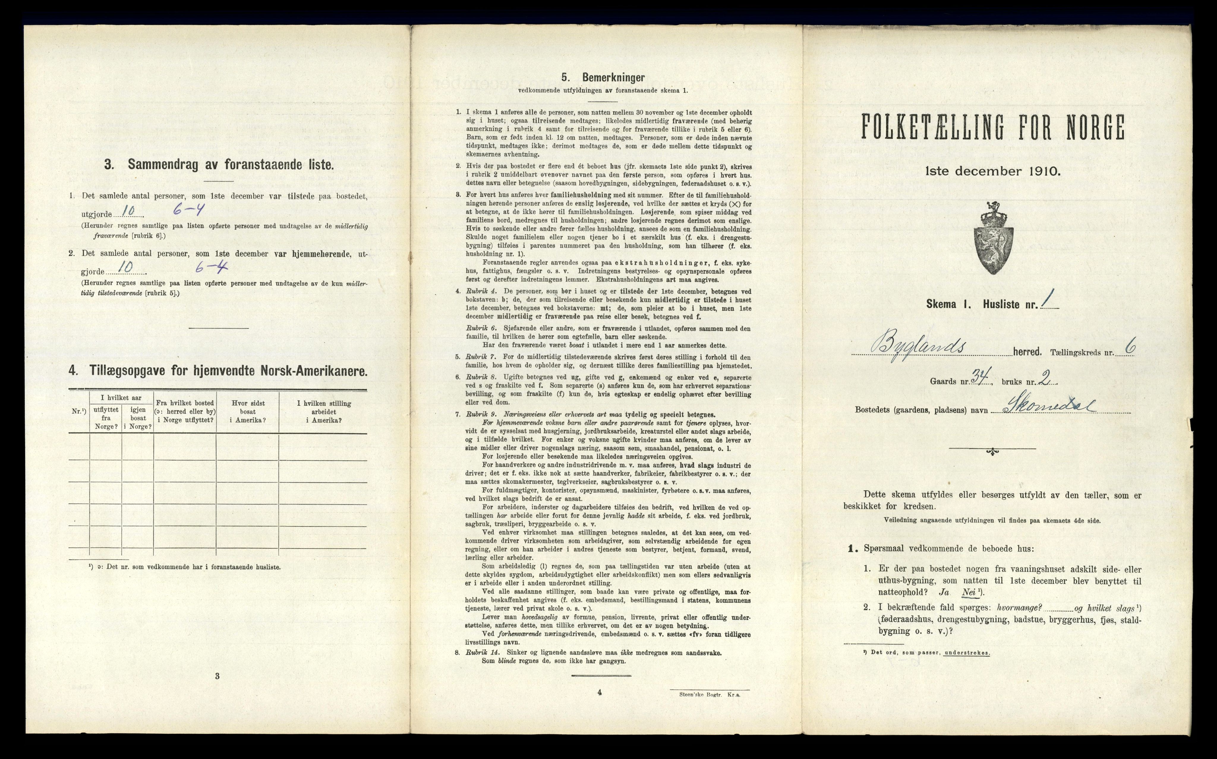 RA, 1910 census for Bygland, 1910, p. 433