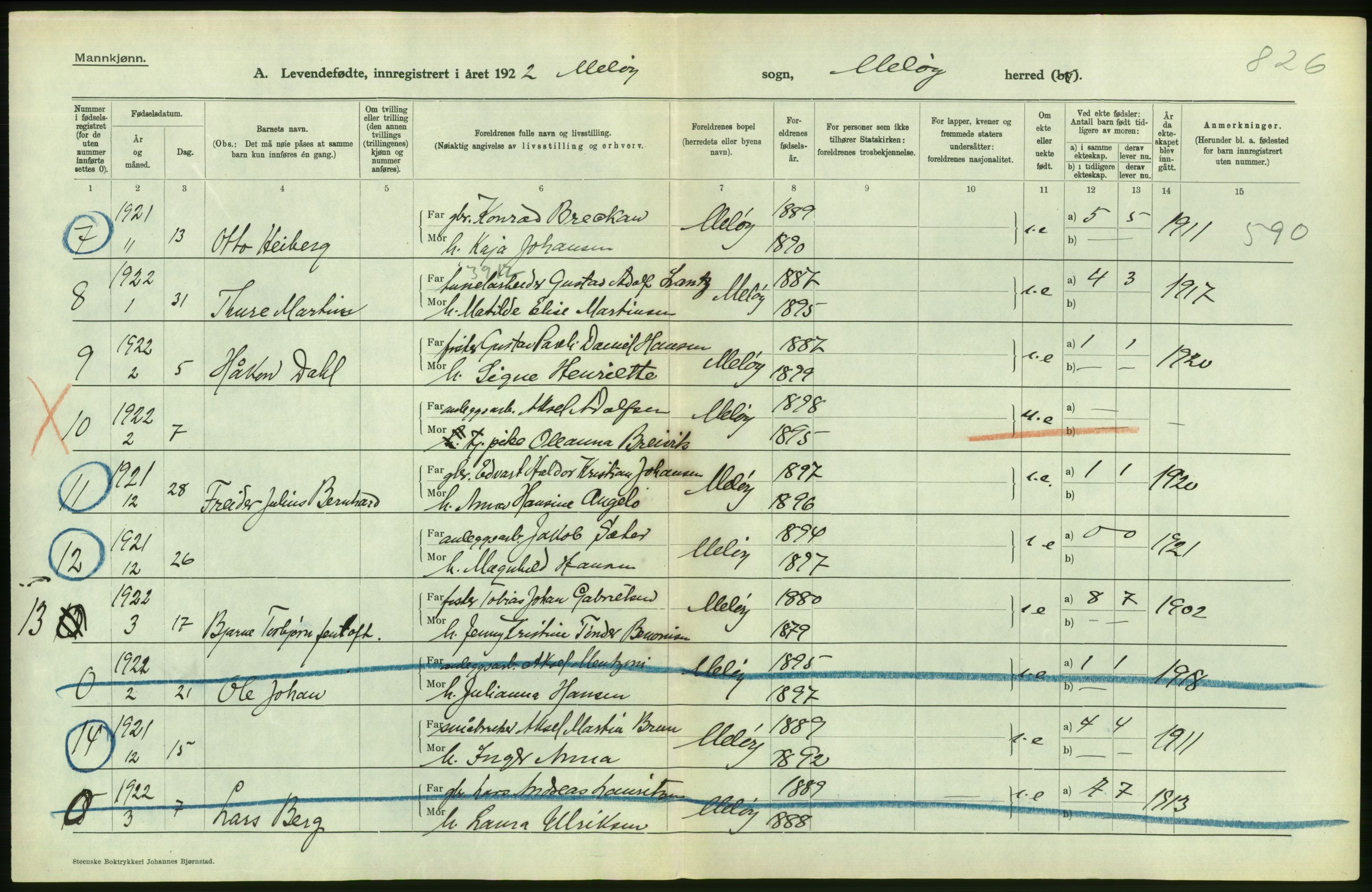 Statistisk sentralbyrå, Sosiodemografiske emner, Befolkning, AV/RA-S-2228/D/Df/Dfc/Dfcb/L0044: Nordland fylke: Levendefødte menn og kvinner. Bygder og byer., 1922, p. 466