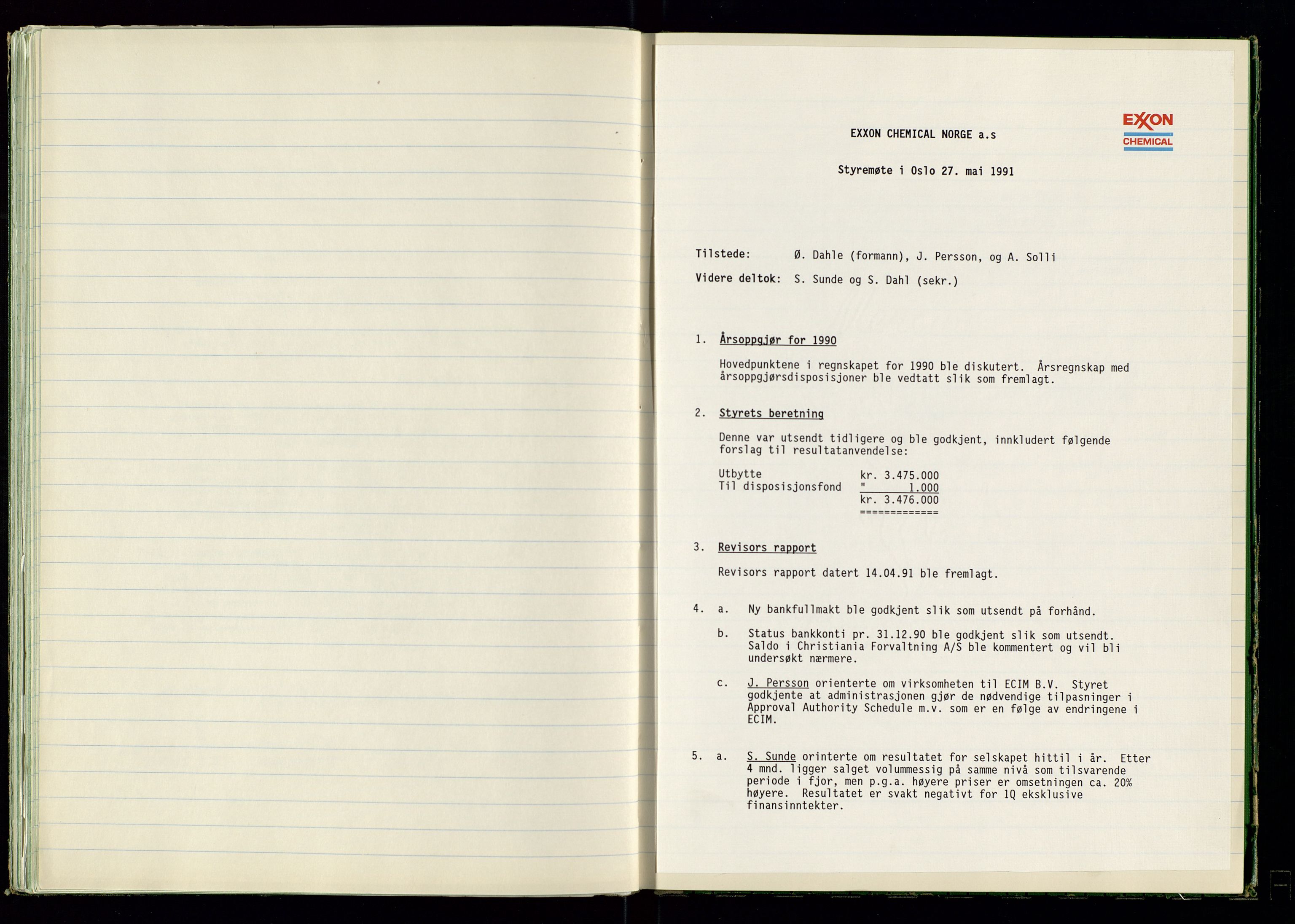 PA 1538 - Exxon Chemical Norge A/S, AV/SAST-A-101958/A/Aa/L0001/0001: Generalforsamlinger og styreprotokoller / Styreprotokoll, 1966-1996