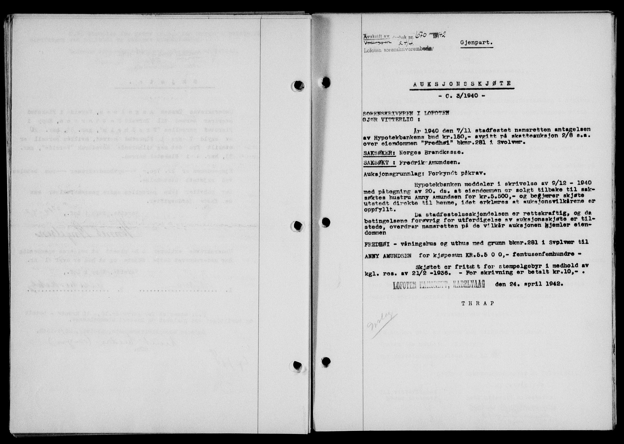 Lofoten sorenskriveri, SAT/A-0017/1/2/2C/L0009a: Mortgage book no. 9a, 1941-1942, Diary no: : 670/1942