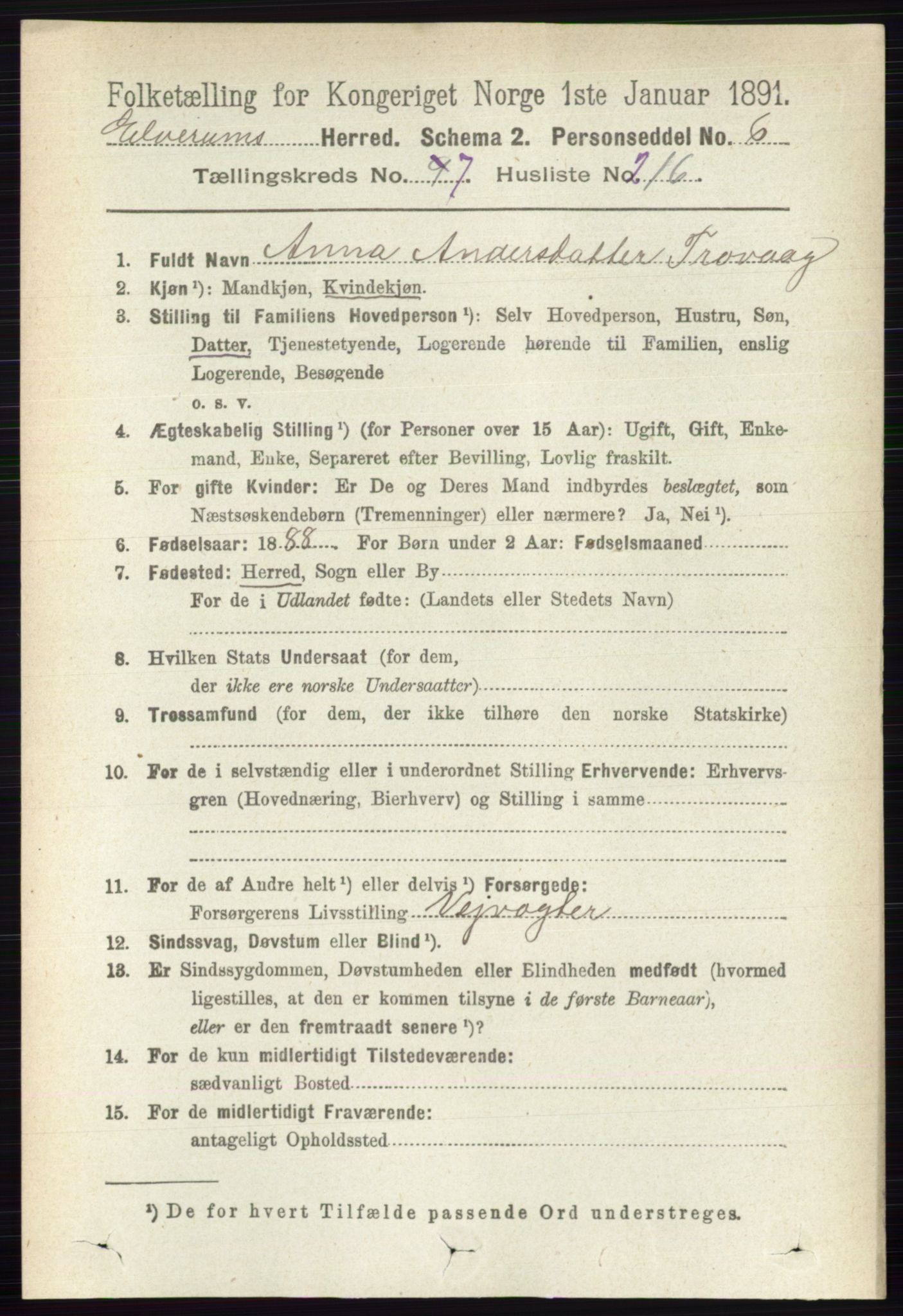 RA, 1891 census for 0427 Elverum, 1891, p. 6903