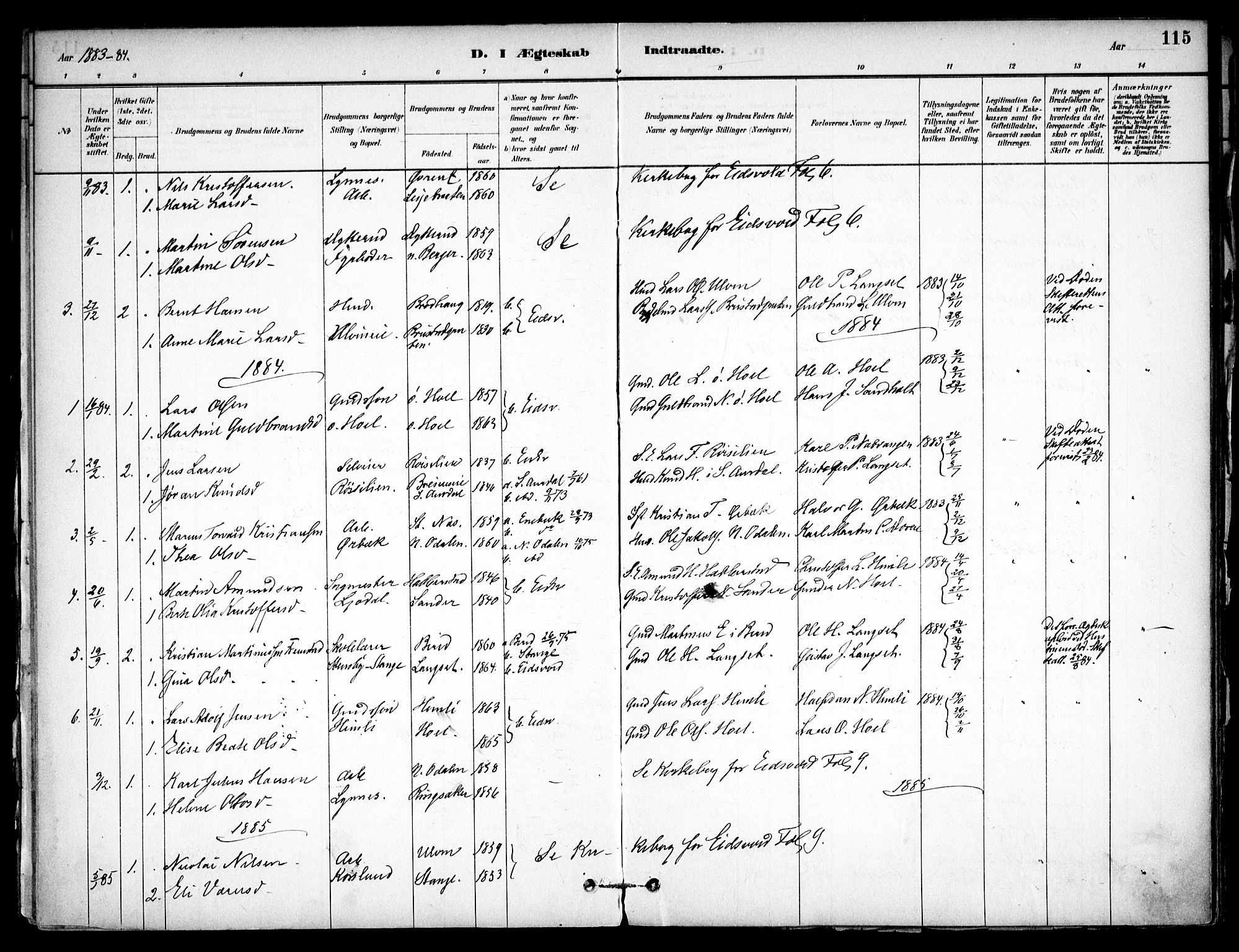 Eidsvoll prestekontor Kirkebøker, SAO/A-10888/F/Fb/L0001: Parish register (official) no. II 1, 1882-1897, p. 115