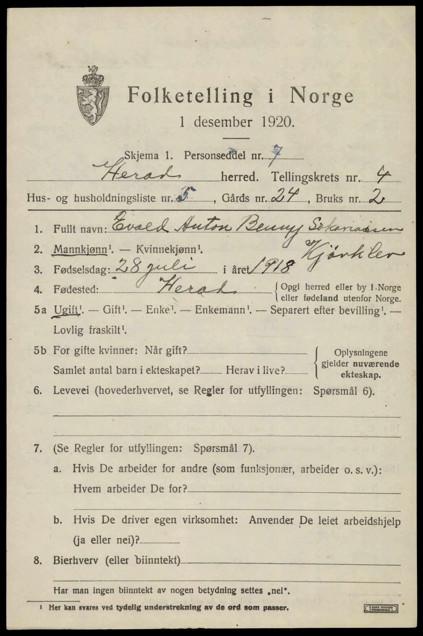 SAK, 1920 census for Herad, 1920, p. 1776