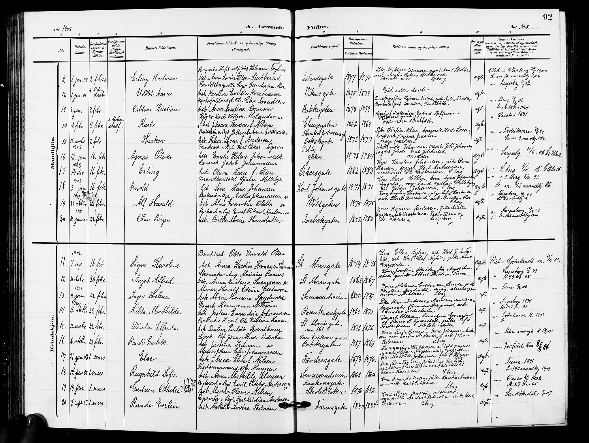 Sarpsborg prestekontor Kirkebøker, AV/SAO-A-2006/G/Ga/L0001: Parish register (copy) no. 1, 1902-1911, p. 92