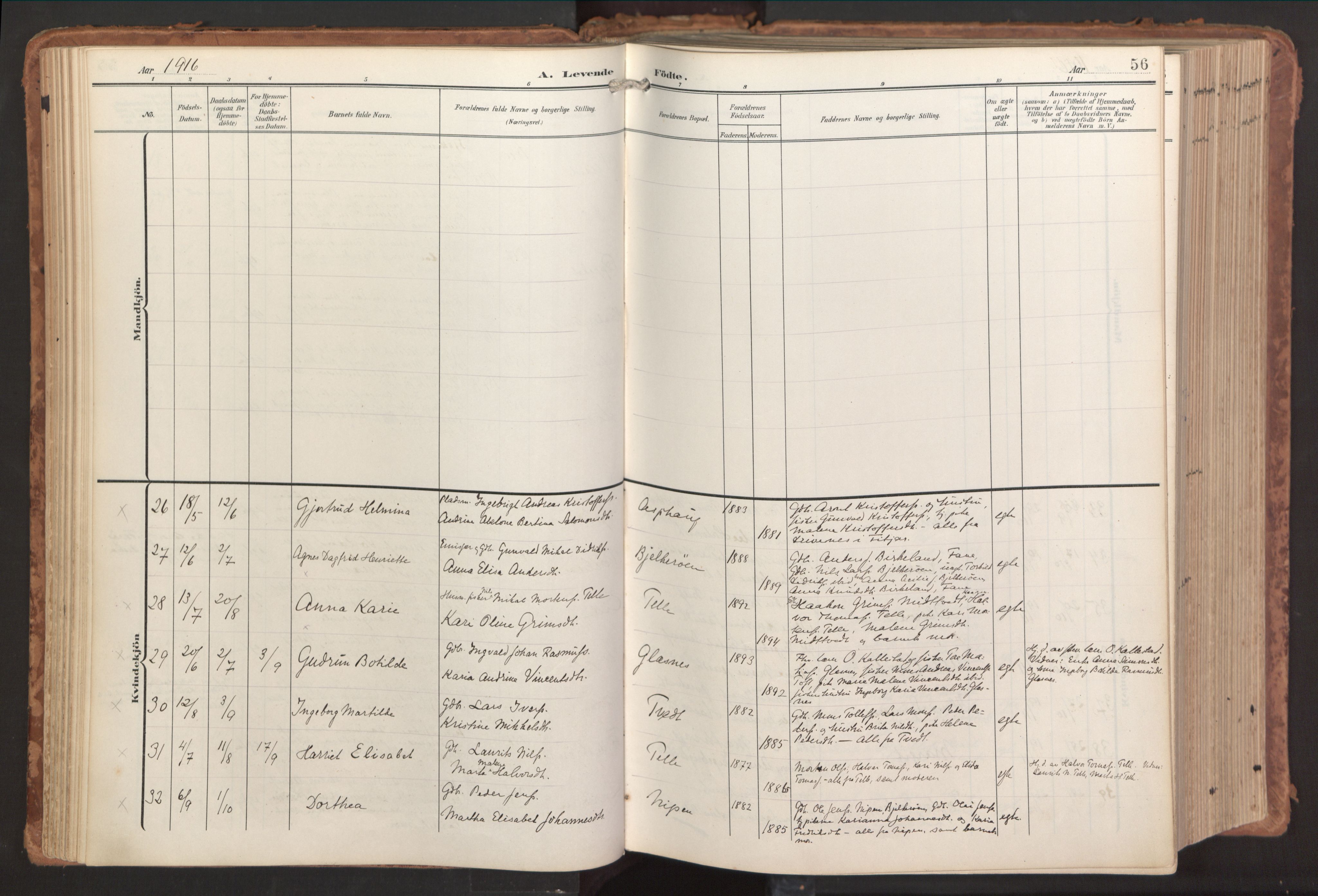 Sund sokneprestembete, AV/SAB-A-99930: Parish register (official) no. B 2, 1907-1926, p. 56