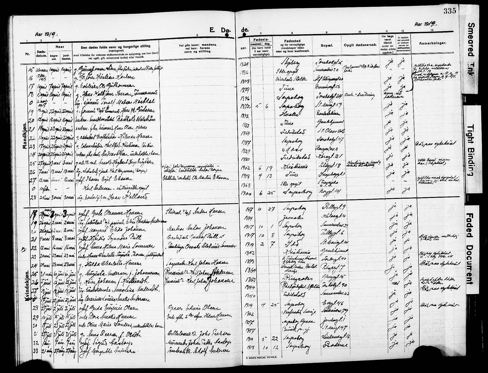 Sarpsborg prestekontor Kirkebøker, AV/SAO-A-2006/G/Ga/L0002: Parish register (copy) no. 2, 1912-1931, p. 335