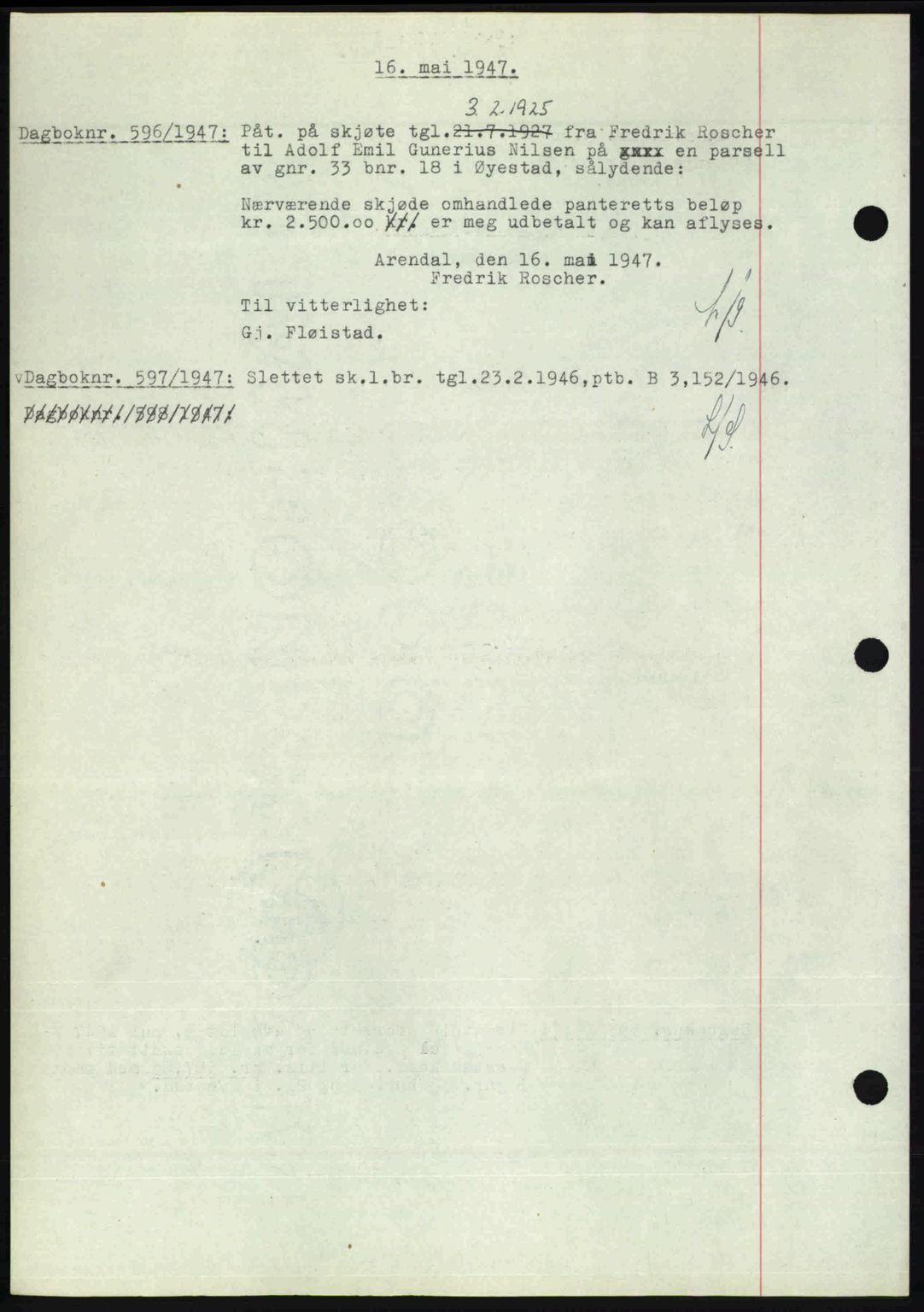 Nedenes sorenskriveri, SAK/1221-0006/G/Gb/Gba/L0057: Mortgage book no. A9, 1947-1947, Diary no: : 596/1947