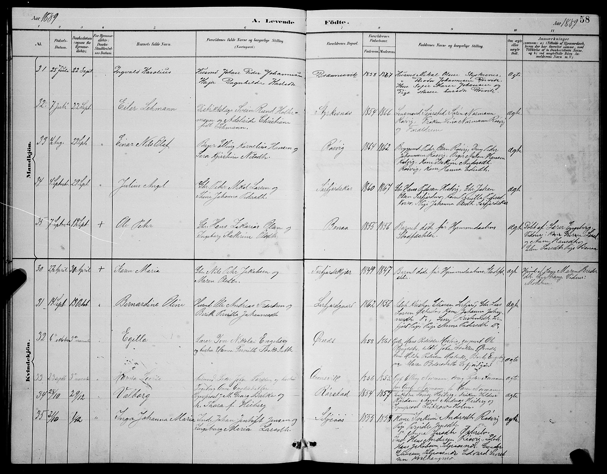 Ministerialprotokoller, klokkerbøker og fødselsregistre - Nordland, AV/SAT-A-1459/854/L0785: Parish register (copy) no. 854C01, 1883-1891, p. 58