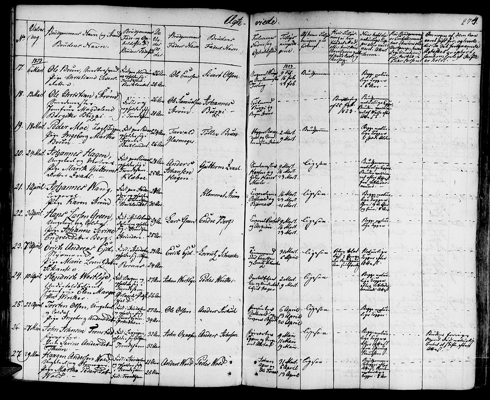 Ministerialprotokoller, klokkerbøker og fødselsregistre - Sør-Trøndelag, SAT/A-1456/601/L0045: Parish register (official) no. 601A13, 1821-1831, p. 274